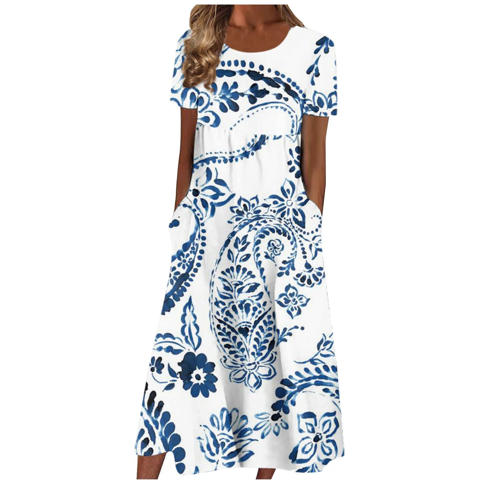 2023 Women's Floral Print Summer Dresses - Short Sleeve Casual Loose Fit Round Neck Pocket Dress | Perfect for Beach Vacations, Garden Parties & Everyday Wear