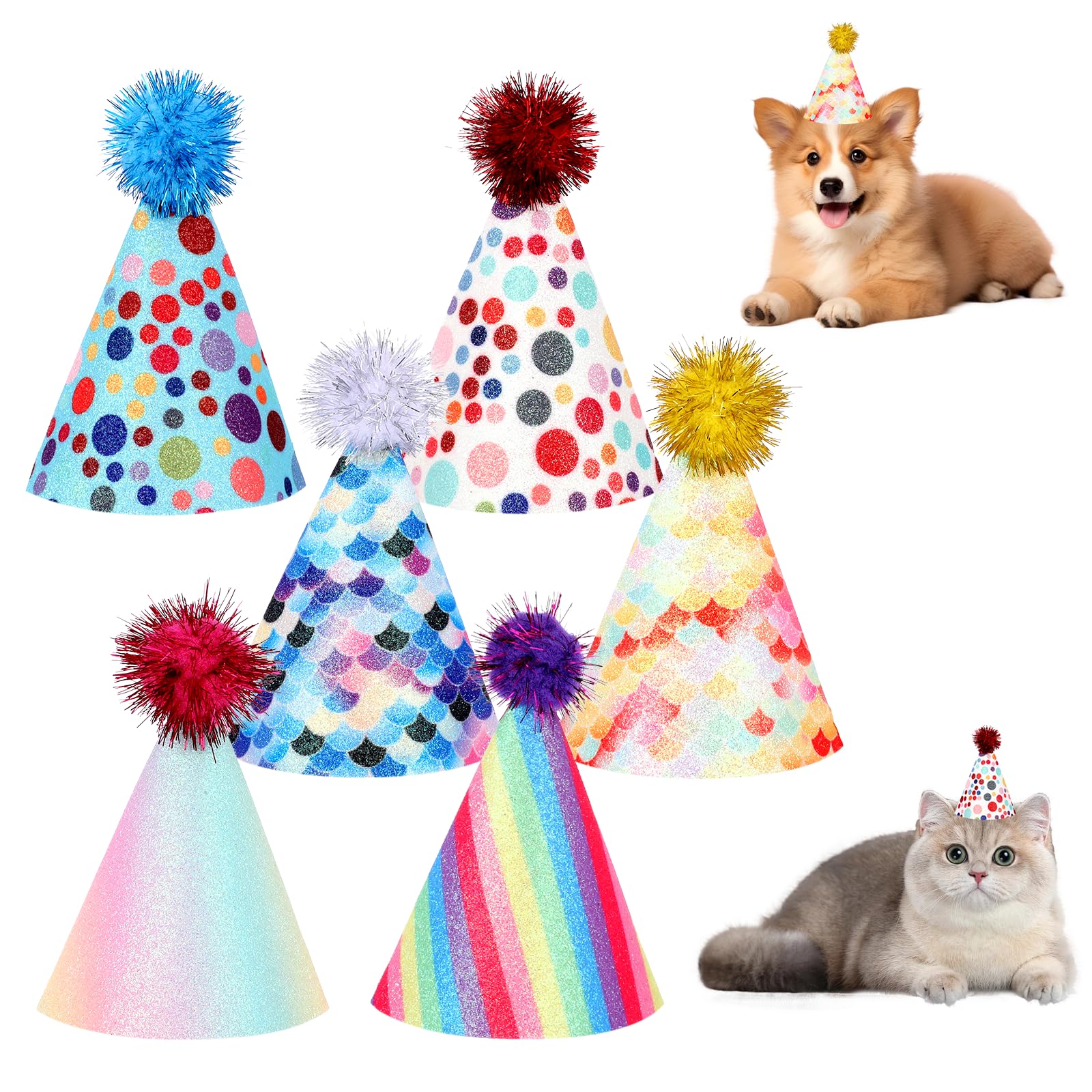 6 Pack Rainbow Pet Birthday Hats - Adjustable Puppy & Kitten Party Hats with Pompoms for Dogs, Cats & Stuffed Animals | Perfect for Pet Birthday Parties, Photo Shoots & Costume Events