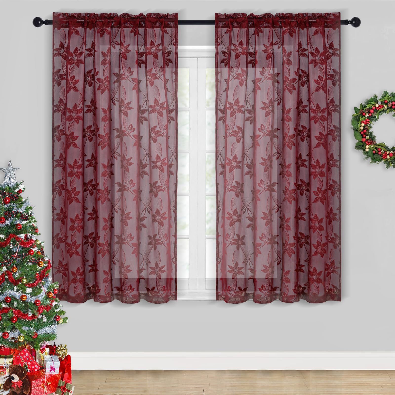 DWCN Floral Lace Sheer Curtains 52x54 Inches - Elegant Rod Pocket Voile Window Drapes for Bedroom & Kitchen, Set of 2 Panels in Burgundy Red | Light Filtering Privacy, Romantic Home Decor, Perfect for Living Room & Nursery