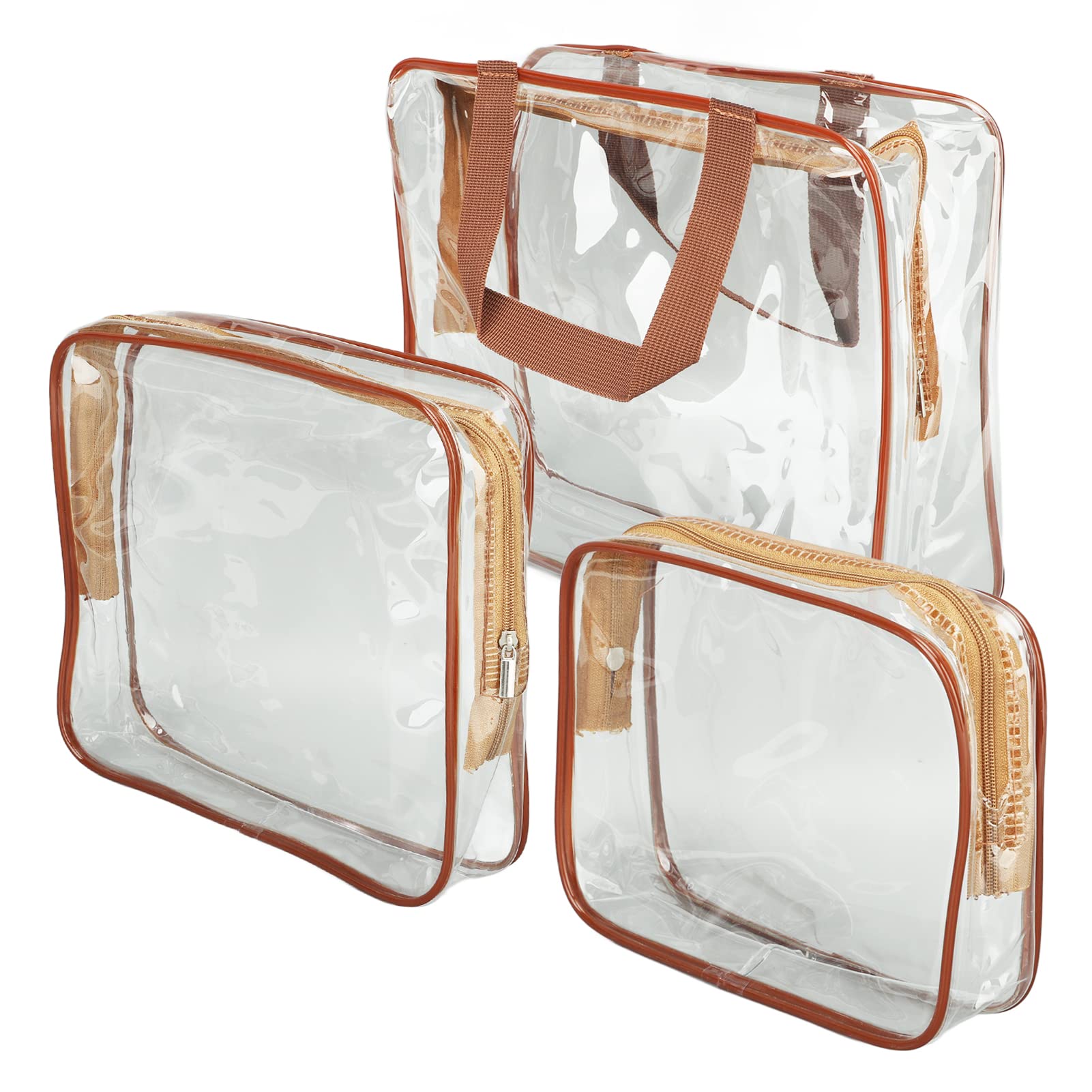 3-Piece Clear Travel Makeup Bags Set - Waterproof Large Capacity Cosmetic Organizer with Zipper Closure & Carrying Handle - Perfect for Swimming, Gym, Beach & Airplane TSA Compliance (Coffee)