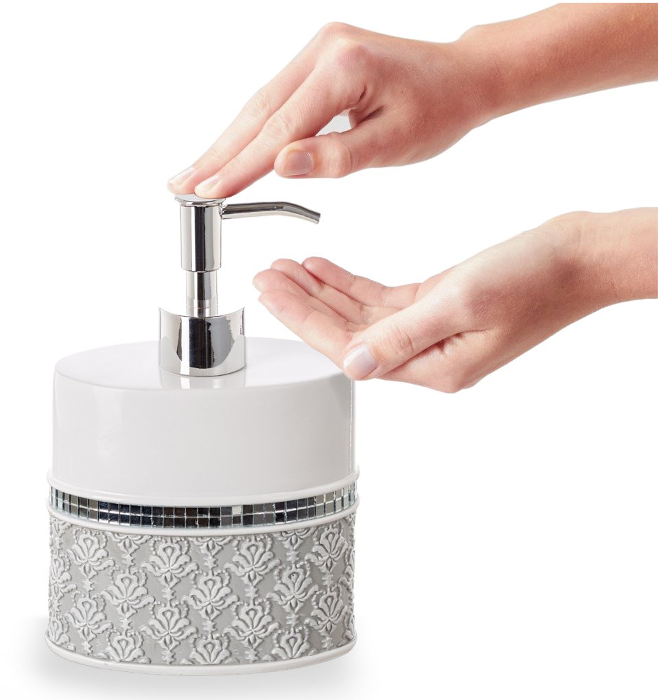 Damask White and Gray 6-Piece Bathroom Accessories Set - Includes Trash Can, Tissue Box Cover, Soap Dispenser, Soap Dish, Toothbrush Holder & Tumbler | Elegant Bathroom Decor for Modern Homes, Guest Bathrooms & Spa-Style Retreats
