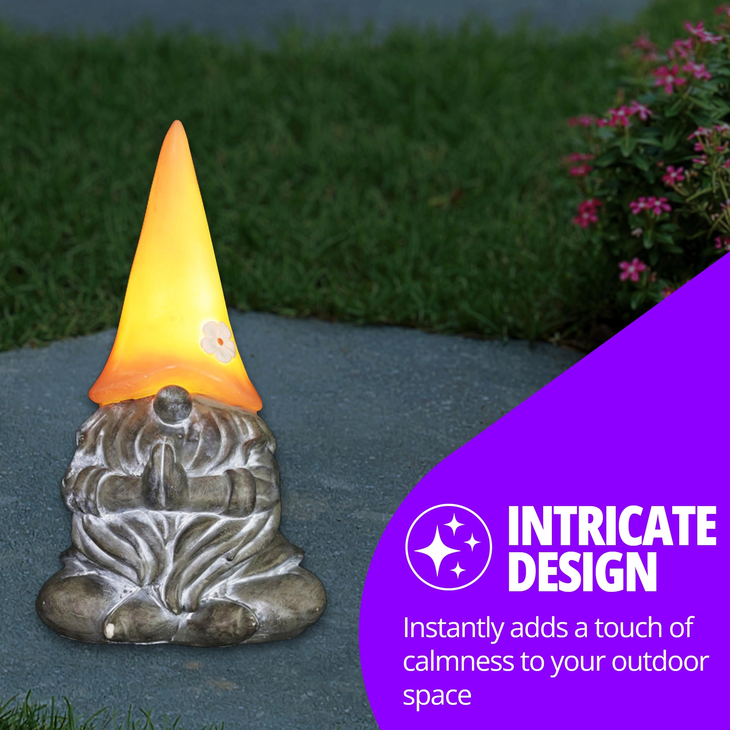 Exhart Solar-Powered Meditating Yoga Garden Gnome Statue with LED Flower Hat – 7 x 11.5 Inch Peach Outdoor Decor for Zen Gardens, Patios & Backyards