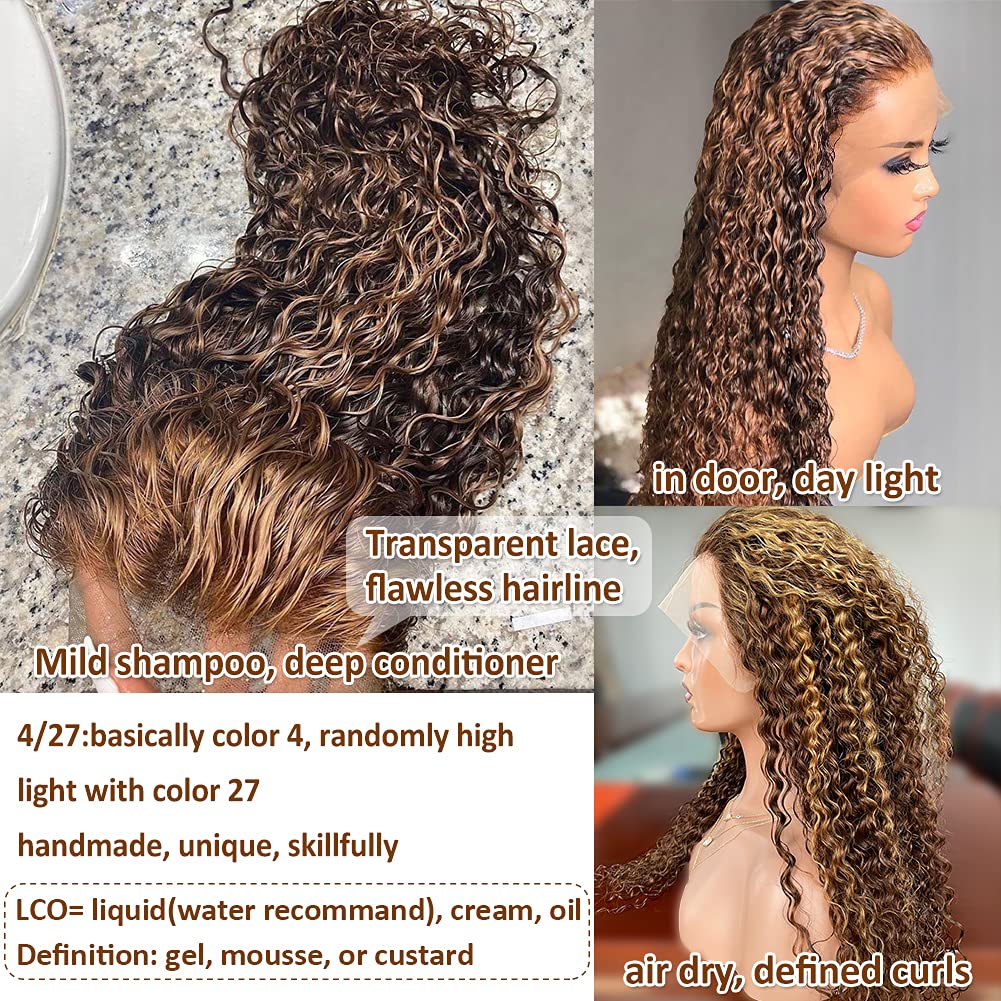 CYNOSURE 13x5 Curly Honey Blonde Ombre Highlight HD Lace Front Human Hair Wig for Women - Invisible Pre-Plucked 18 Inch - Perfect for Daily Wear, Parties & Special Occasions