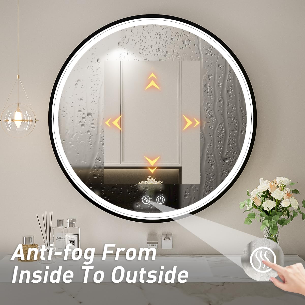 24 Inch Round LED Bathroom Mirror with Anti-Fog & Dimmable Touch Switch - Black Metal Frame Vanity Mirror, Waterproof IP54, 90+ CRI - Perfect for Makeup, Shaving & Home Decor