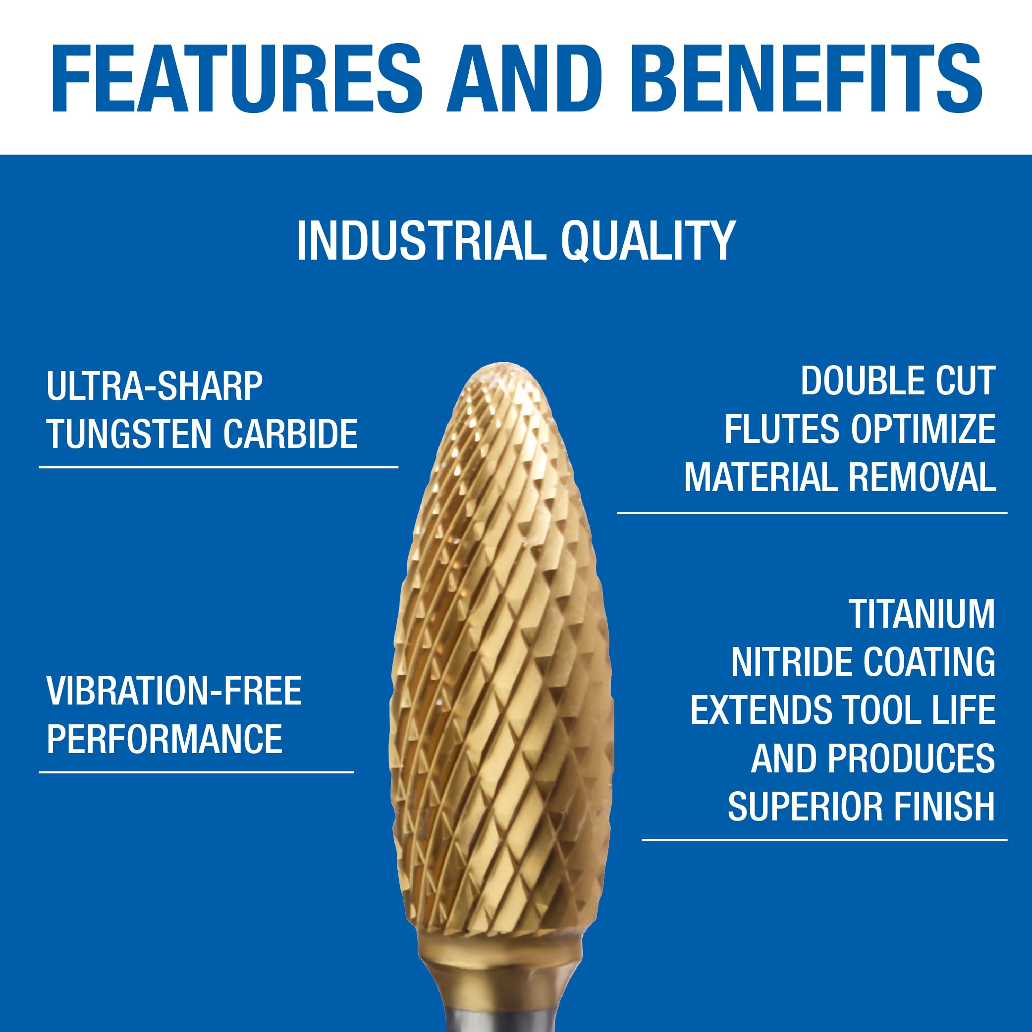 Champion SH6 Double Cut TiN Coated Carbide Burr Rotary File - High Speed Steel Cutting Tool for Metal, Wood, Plastic - Perfect for DIY, Jewelry Making & Automotive Repair