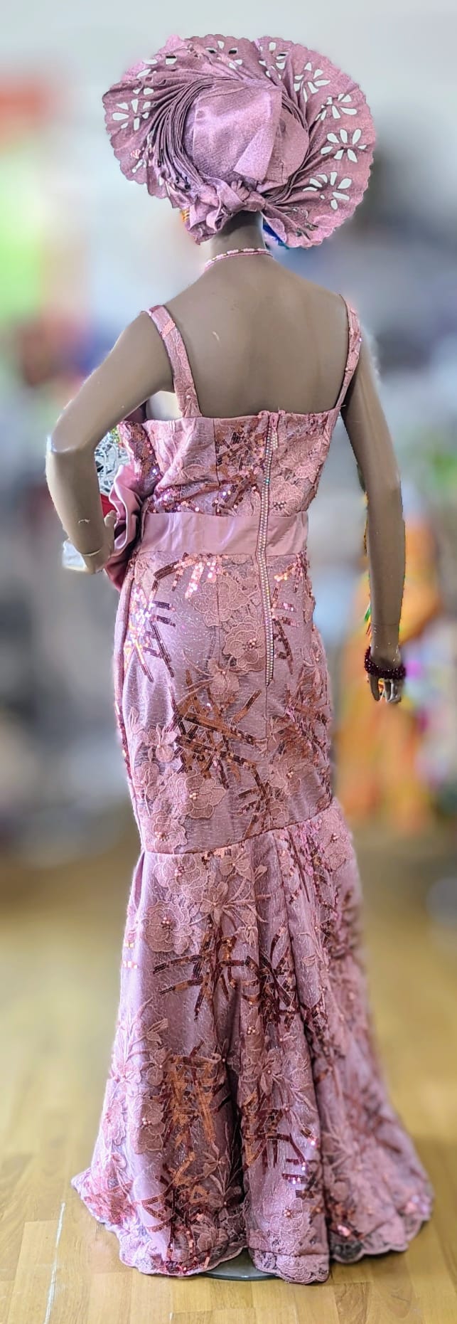 Elegant African Spaghetti Strap Lace Sequins Maxi Bustier Dress - Light Lilac & Mauve | Perfect for Weddings, Parties & Special Occasions