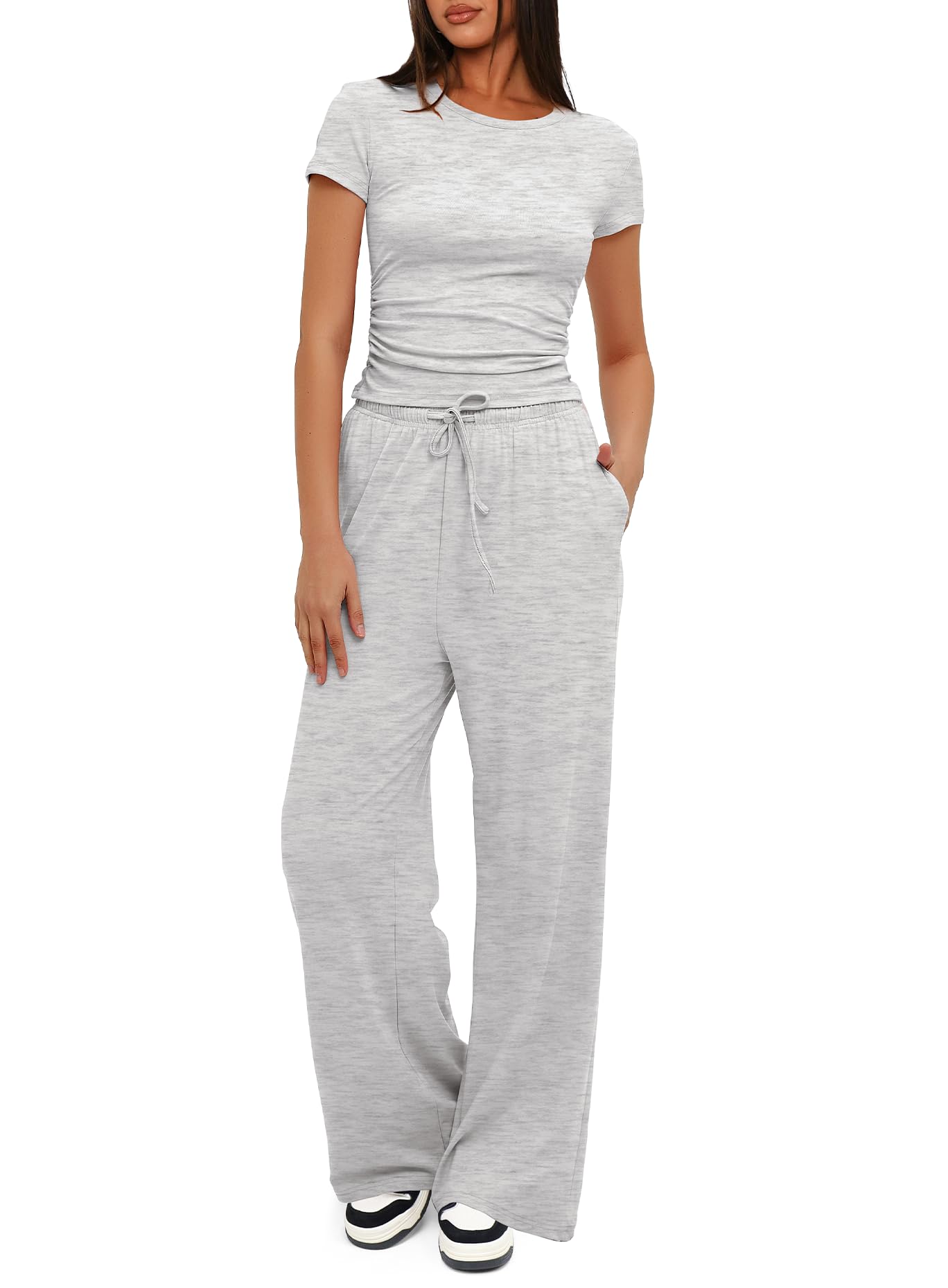 Darong Women's 2 Piece Lounge Set - Ruched Short Sleeve Top & High Waisted Wide Leg Pants - Soft Casual Tracksuit for Home, Yoga, Travel & Everyday Wear