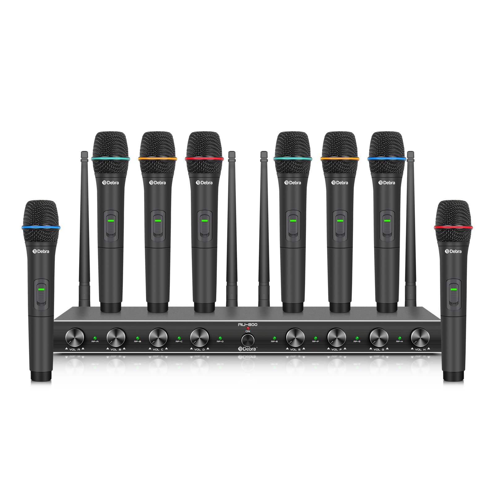 Debra Audio AU800 Pro UHF 8-Channel Wireless Microphone System with Cordless Handheld & Lavalier Headset Mics - Metal Receiver for Karaoke, Church Events, Parties & Stage Performances (8 Handheld Mics Included)