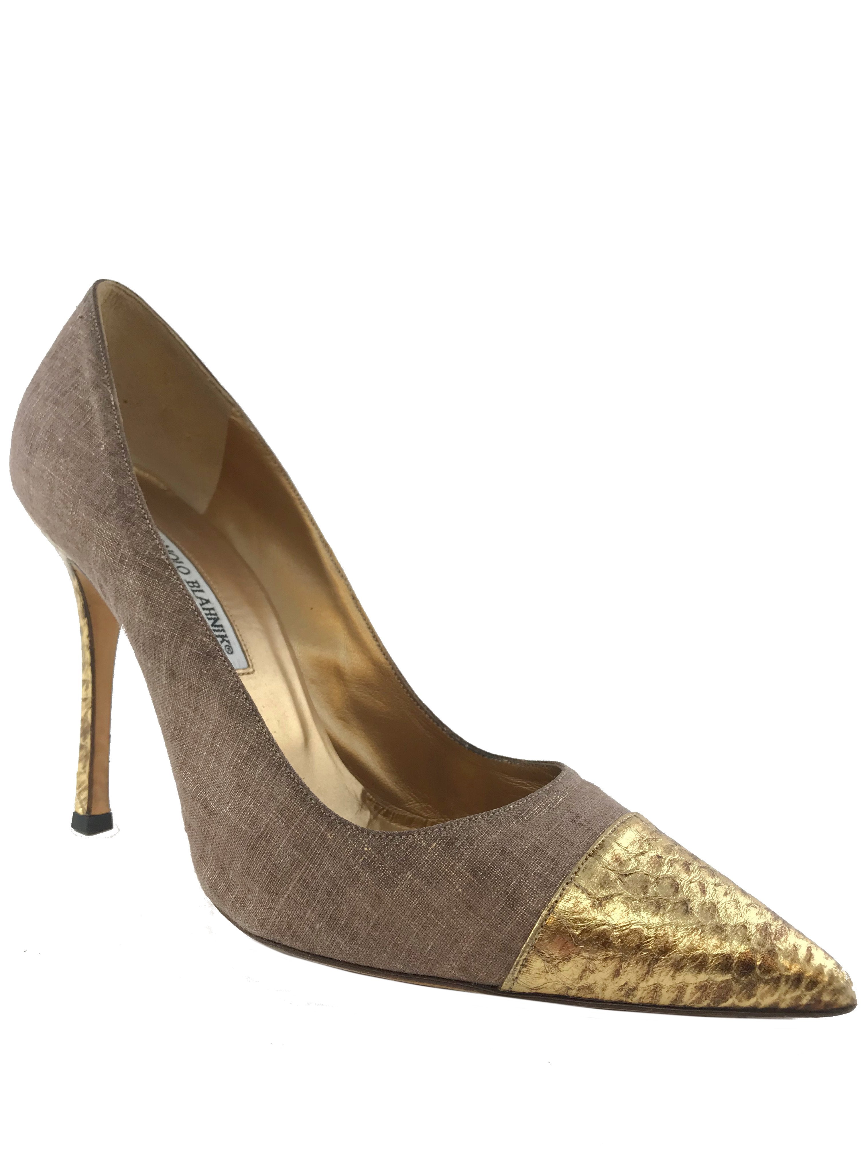 Manolo Blahnik Bipunta Embossed Linen Cap Toe Pump Women's Size 10.5 | Luxury Designer Heels for Weddings, Parties & Special Occasions