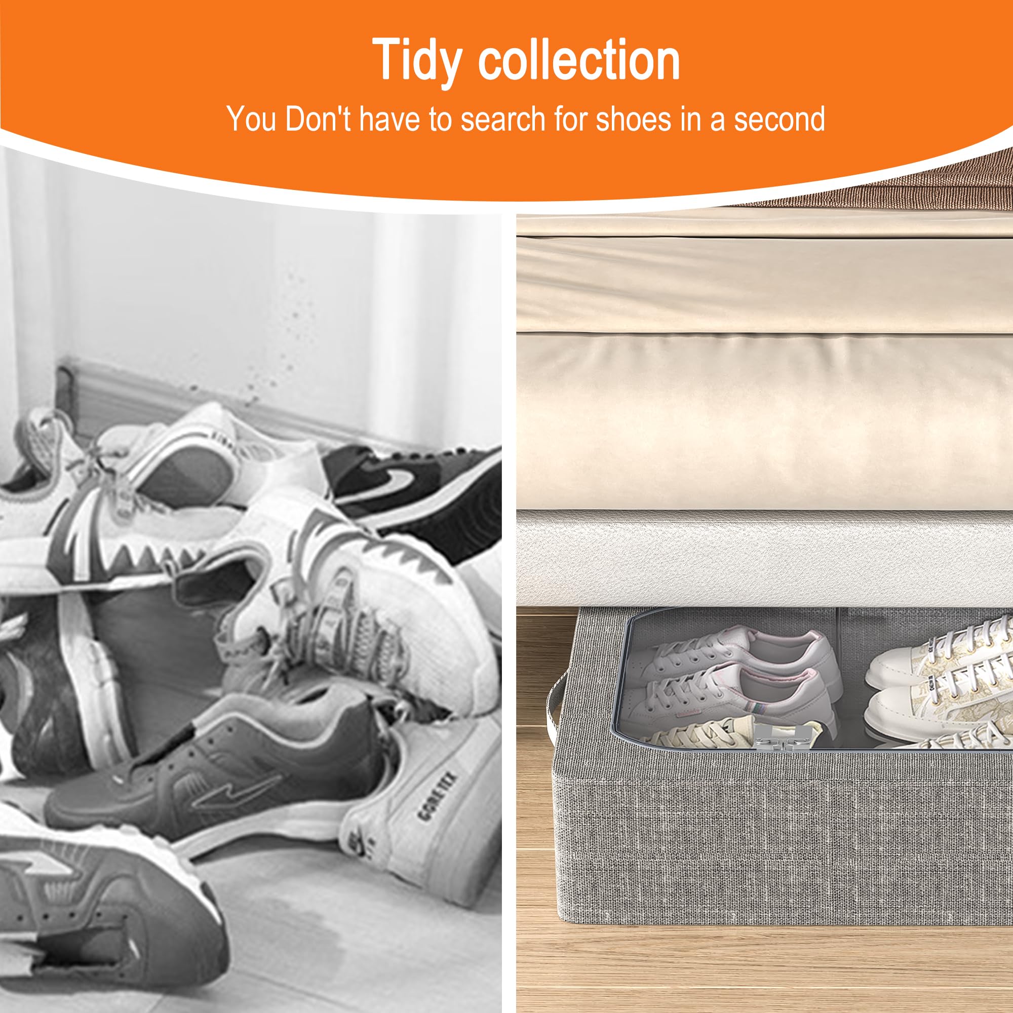 Under Bed Storage Bins with Metal Frame - Foldable Stackable Shoe & Clothes Organizer for Closet, Large Clear Window, Linen Fabric (Dark Grey, 23.6