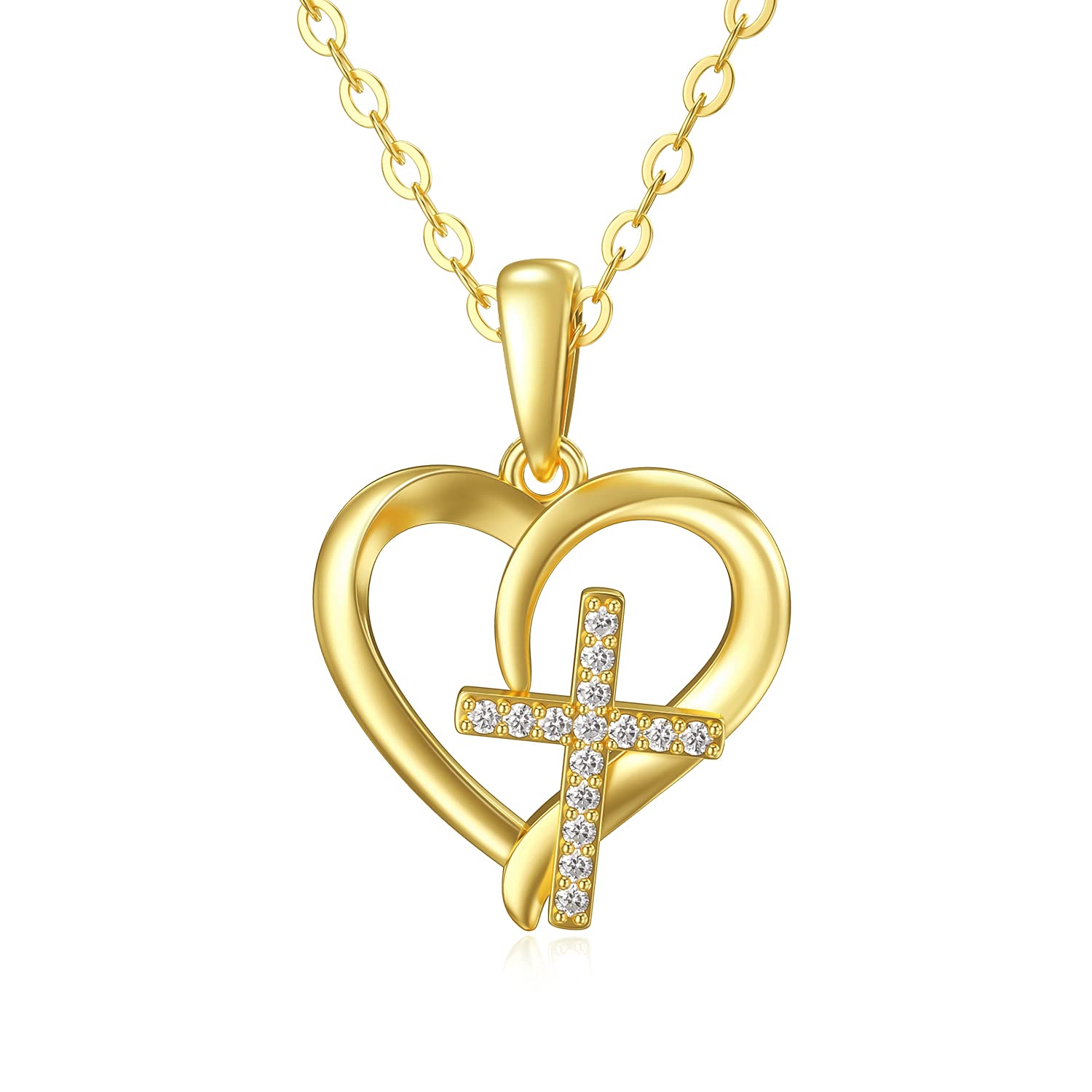 14K Solid Gold Heart Cross Necklace for Women - Elegant Religious Jewelry Gift for Mom, Wife, Girlfriend, Daughter - 18 Inch Chain - Perfect for Birthday, Anniversary, Christmas & Everyday Faith Wear