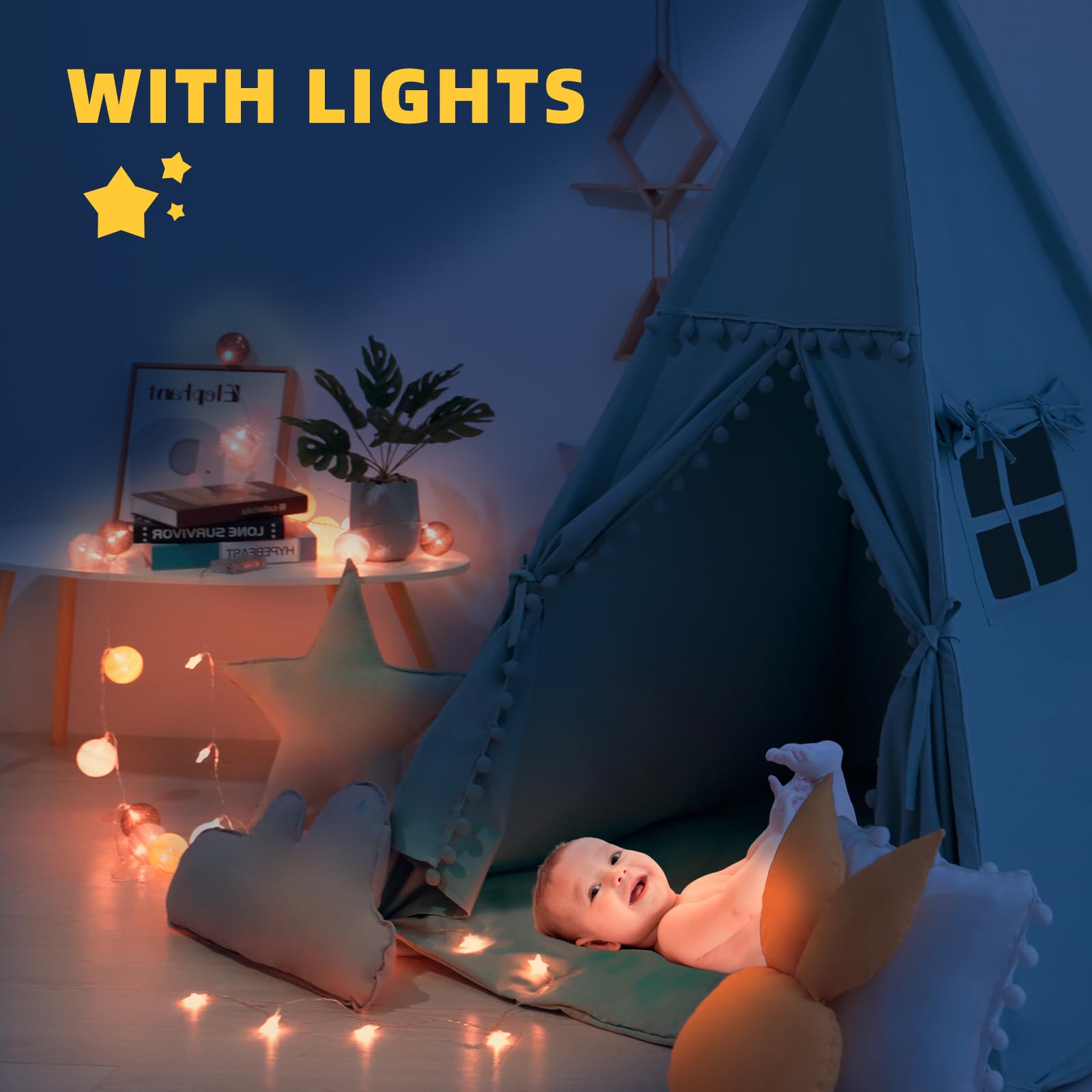 Kids Teepee Tent with Mat & Star Lights - Portable Indoor/Outdoor Playhouse for Camping & Playtime
