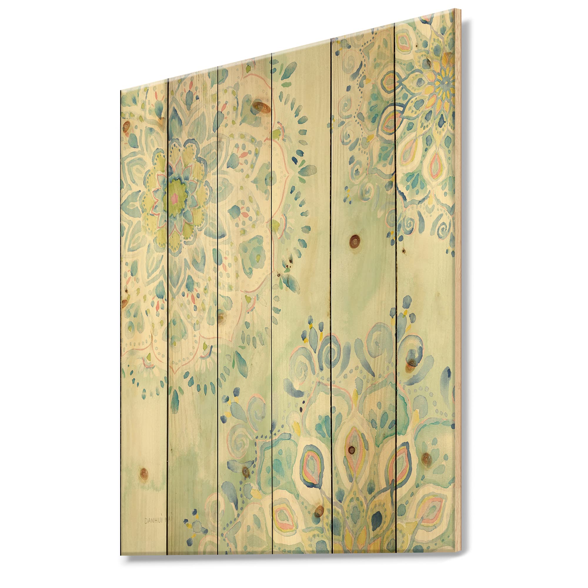 DesignQ Watercolor Mandalas III Traditional Wood Wall Decor - Blue Floral Wood Wall Art, Large Pine Wood Wall Panels for Living Room, Bedroom & Office Decor