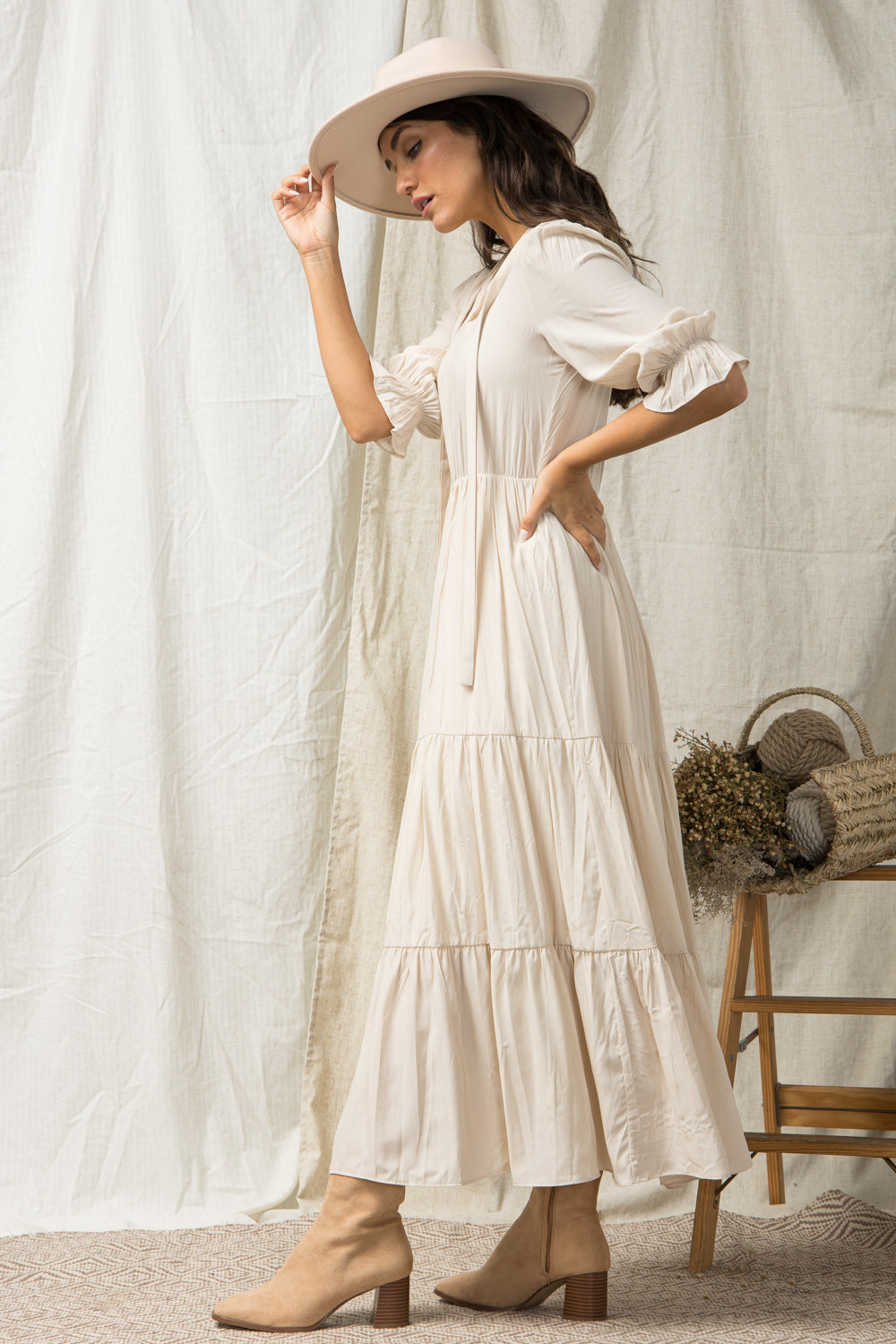 Elegant Maxi Dress with Mock Neck & Self-Tie Detail in Cream - Perfect for Summer Weddings, Beach Vacations & Casual Outings