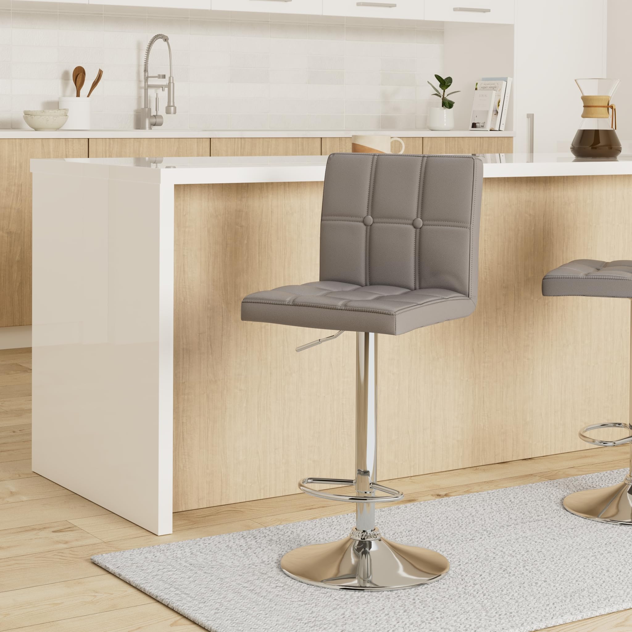 Adjustable PU Leather Bar Stools (Set of 2) - Modern Kitchen Island Counter Stools with Square Back & Double Stitching - Light Grey - Perfect for Breakfast Nook, Dining Area & Home Decor