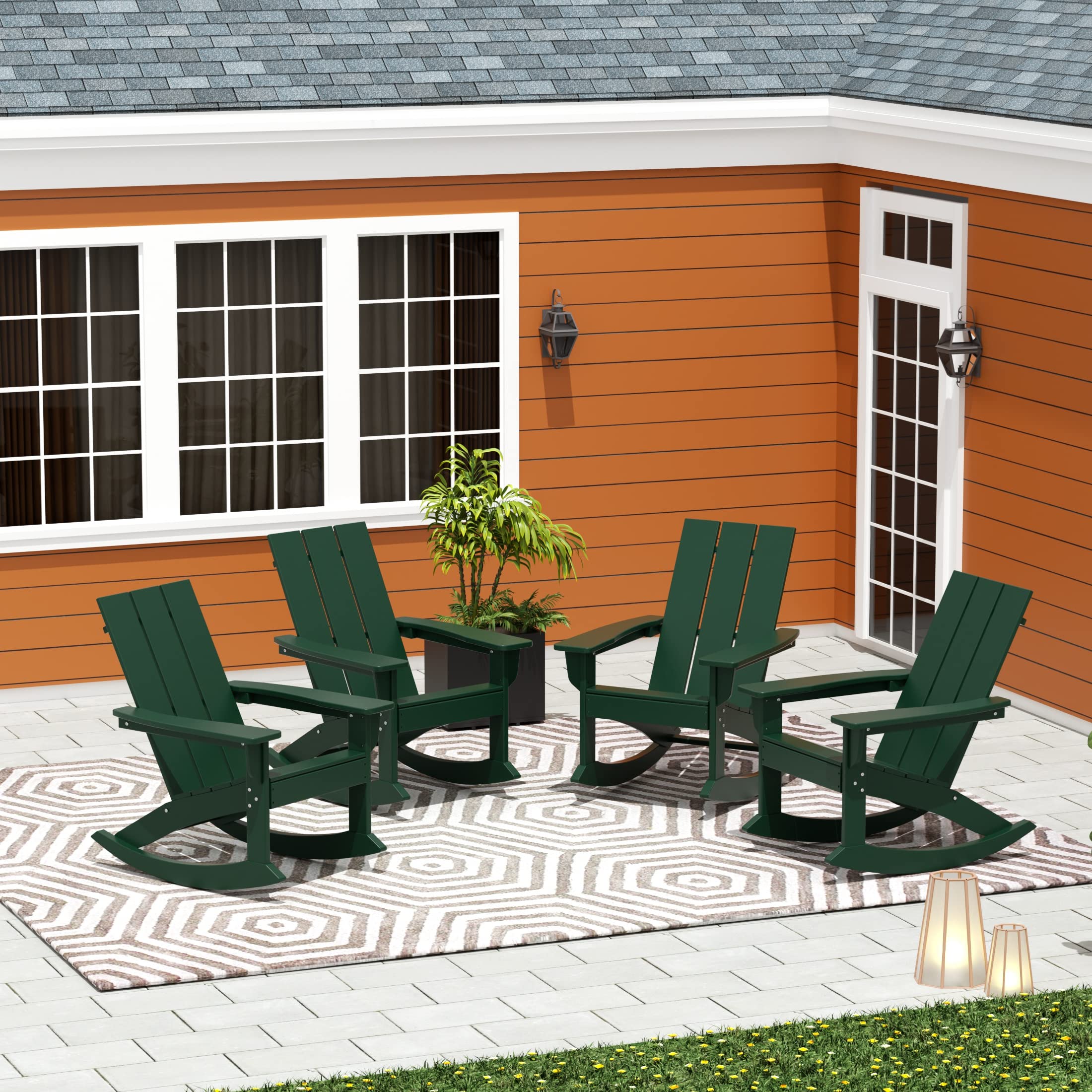 WO Home Furniture 4-Piece Patio Rocking Chair Set - Modern Outdoor HDPE UV-Resistant Rocking Chairs (Dark Green) for Backyard, Garden & Poolside Relaxation