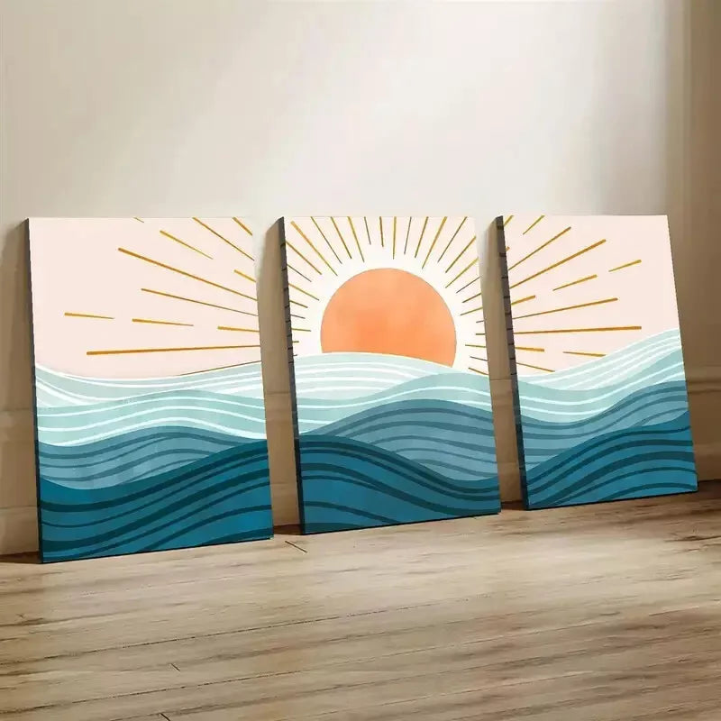 3-Piece Sun and Sea Waves Wall Art Set - Framed Canvas 50x70cm (20x28in) - High Quality Australian Made Ocean Beach Decor - Perfect for Living Room, Bedroom & Coastal Home Decor