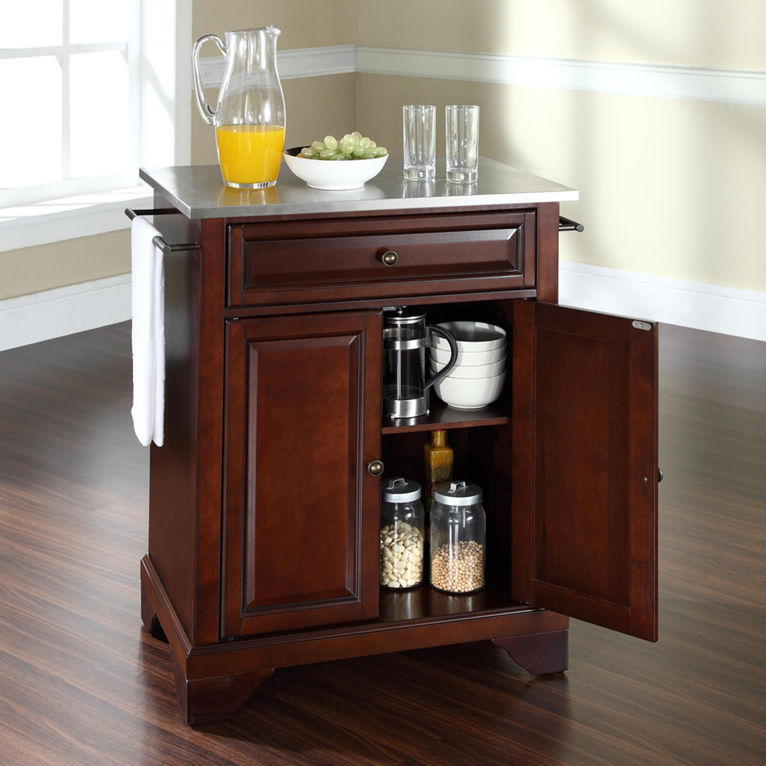 Crosley Lafayette Stainless Steel Top Rolling Kitchen Island Cart with Storage - Microwave Stand, Mahogany Finish for Small Spaces | Perfect for Apartment Cooking, Breakfast Nook & Compact Kitchen Organization