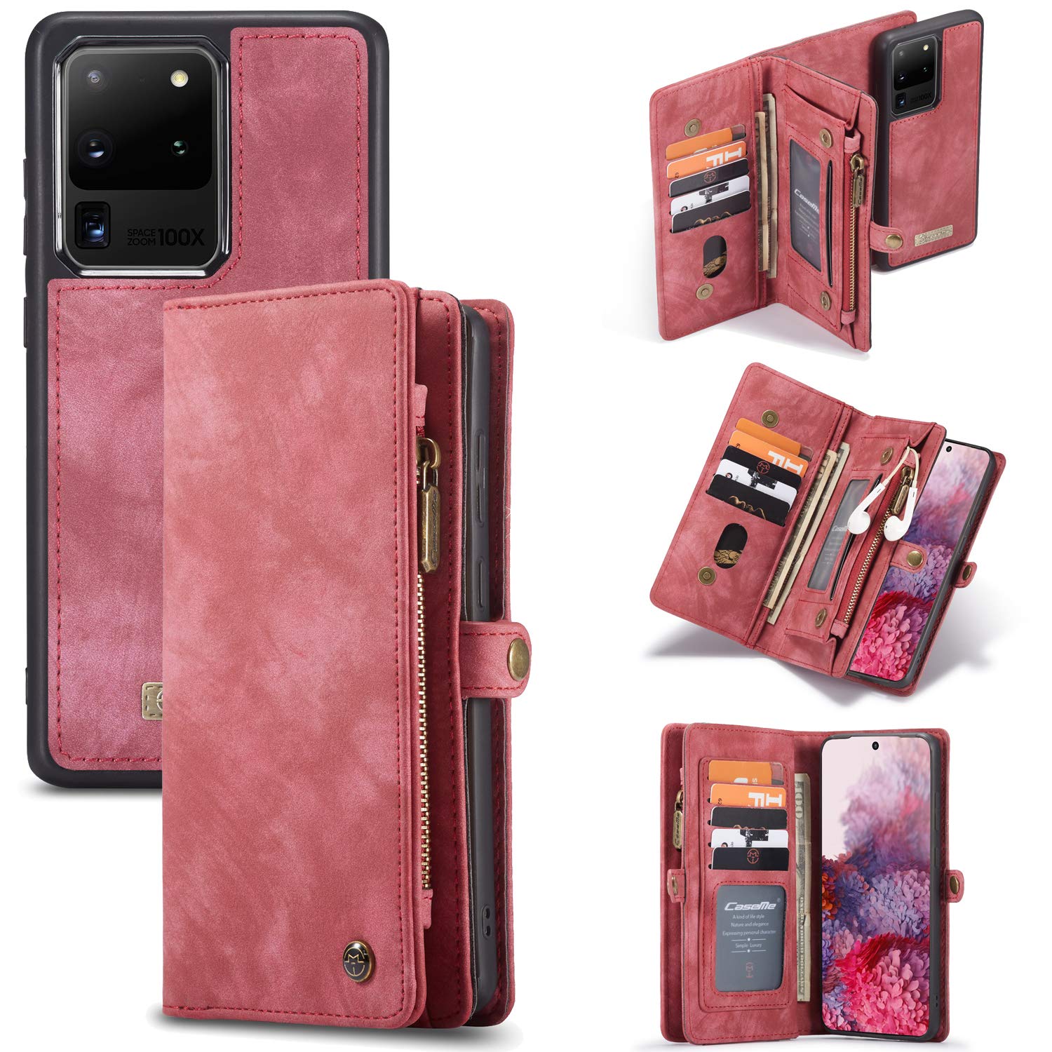 Samsung Galaxy S24 Ultra Wallet Case - Premium Leather Magnetic Flip Cover with Detachable Wrist Strap, 11 Card Slots & Shockproof Protection (Red) - Perfect for Business Travel, Daily Commute & Hands-Free Convenience