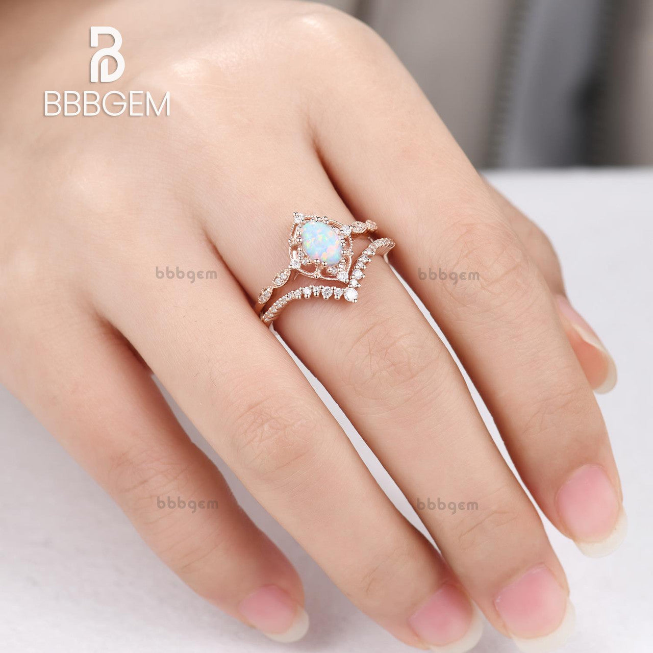 Vintage Art Deco Opal Bridal Ring Set - Oval Opal Engagement Ring with Rose Gold & Diamonds - Wedding & Anniversary Gift for Her - Perfect for Proposals, Bridal Jewelry & Special Occasions
