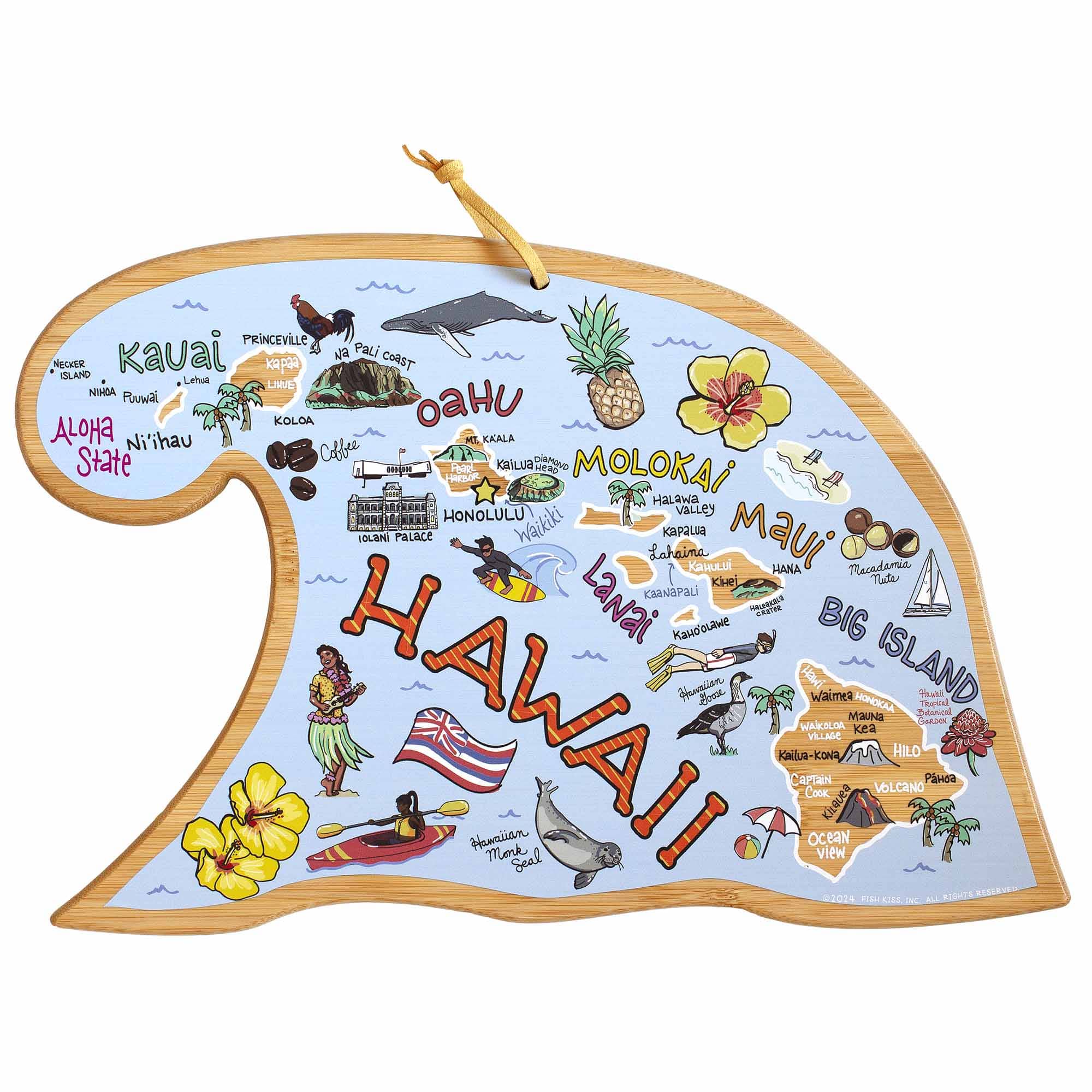 Hawaiian Islands Wooden Cutting Board with Fish Kiss™ Artwork - Perfect for Kitchen Decor & Serving Charcuterie