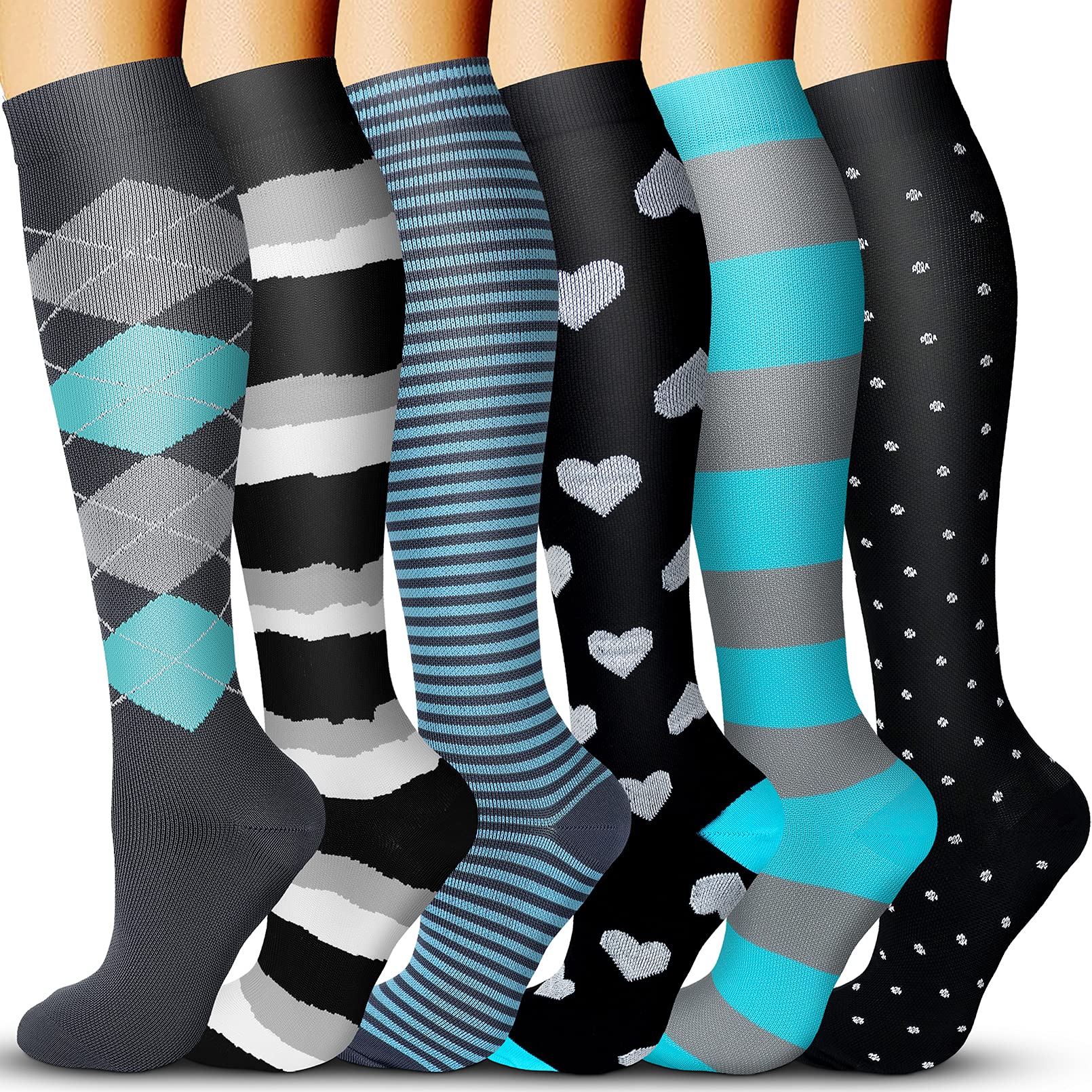 Acture 6 Pairs Compression Socks for Men & Women - 15-20mmHg Graduated Support Socks for Running, Sports, Medical, Pregnancy & Travel - Improve Circulation & Reduce Swelling (Great for Nurses, Athletes & Frequent Flyers)