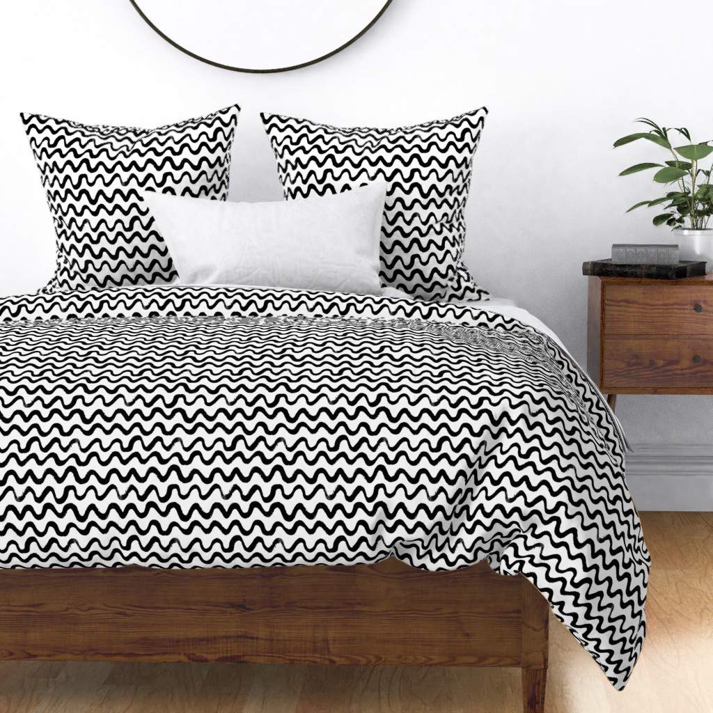 Custom Ink Wave Black Pattern Cotton Sateen Duvet Cover Twin - Minimalist Wavy Lines & Abstract White Brush Stripes | Gender Neutral Bedding for Modern & Boho Bedrooms