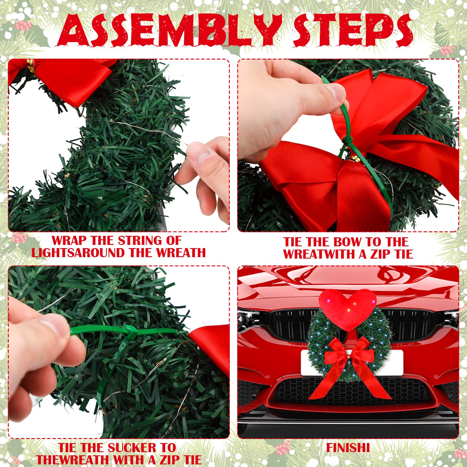 32 Pcs Christmas Car Decorations Kit - LED Reindeer Antlers, Wreath, Santa Hat & Leg, Reflective Bulb Lights for Car, Home, Office Xmas Decor - Perfect for Holiday Parties, Road Trips & Festive Gifts