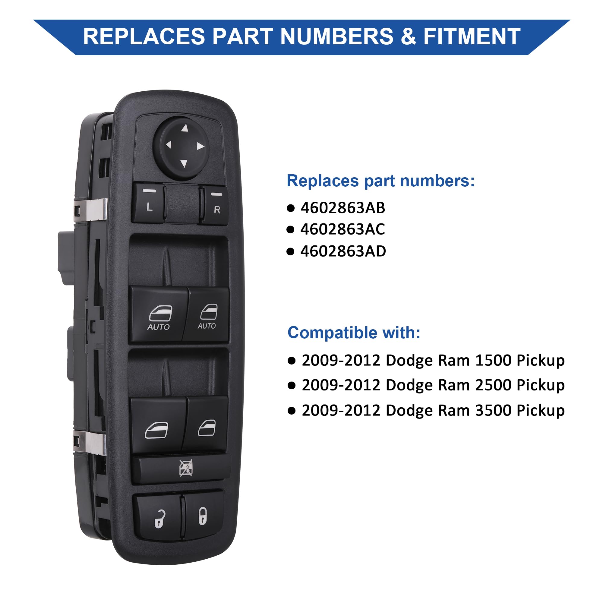 Driver Side Power Window Switch Compatible with 2009-2012 Dodge RAM 1500/2500/3500 Quad & Crew Cab Pickup - Auto Up/Down Buttons (Replaces 4602863AB, 4602863AC) - Easy Installation for Smooth Window Operation