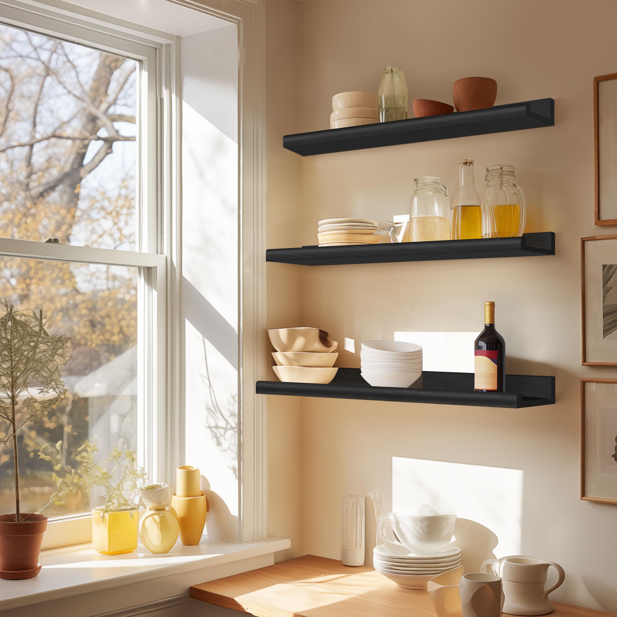 Annecy Floating Shelves Set of 3 - 23.6 Inch Black Rustic Wood Wall Shelves with Guardrail | Storage Shelves for Bedroom, Bathroom, Kitchen & Office | 3 Different Sizes | Perfect for Home Decor, Organizing & Displaying Photos/Books/Plants
