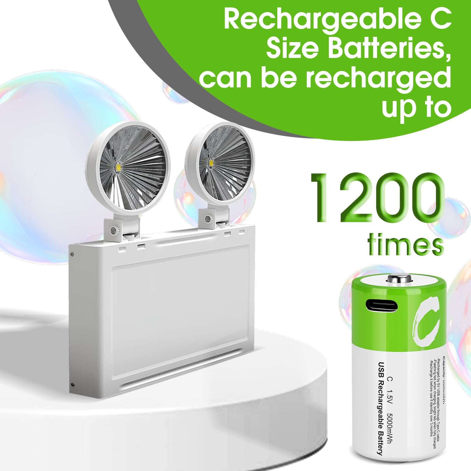 5000mWh Rechargeable C Batteries 4-Pack - 1.5V Lithium-ion C Size Batteries with USB-C Charging Cable | Long Lasting Power for Flashlights, Toys, Radios & Emergency Devices