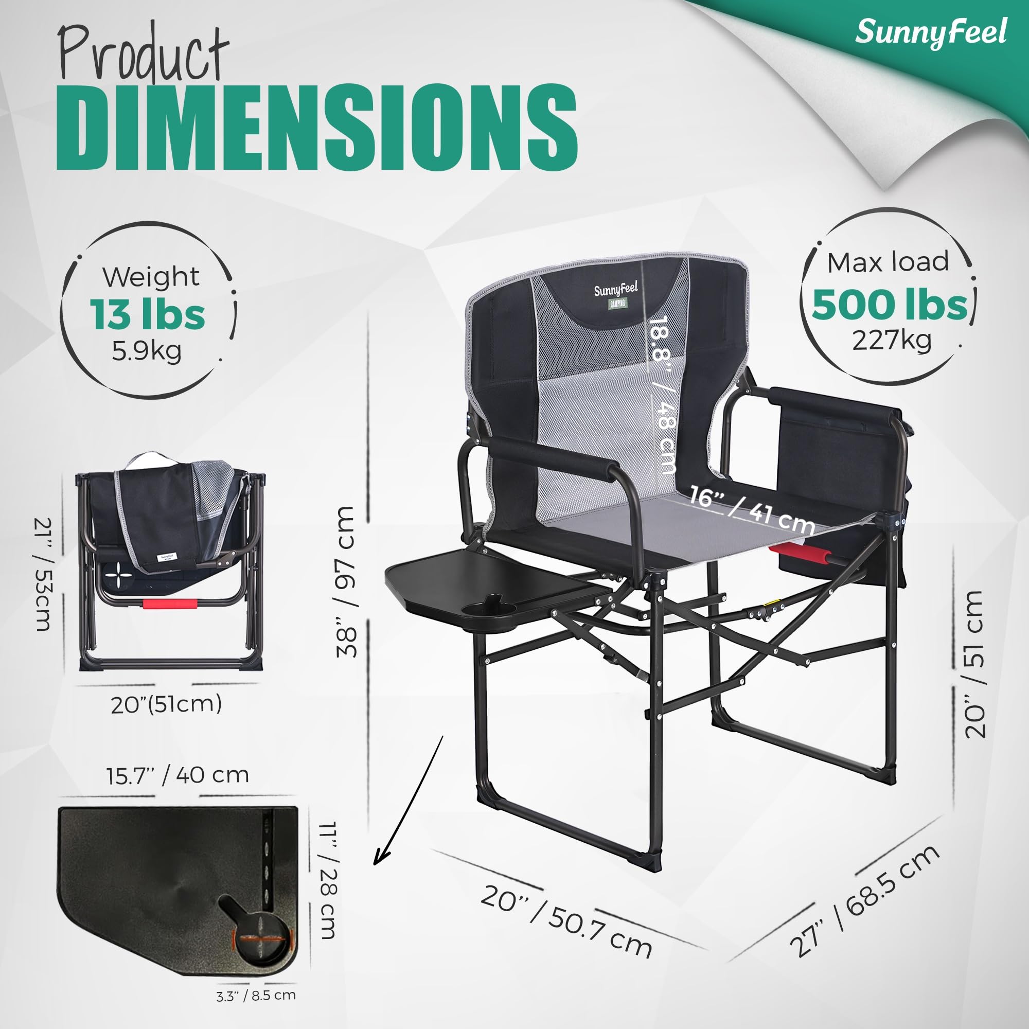 **SUNNYFEEL Oversized Heavy Duty Camping Chair – 500 LB Capacity, Portable Folding Director's Chair with Side Table & Storage Pocket – Perfect for Beach, Fishing, Picnic, Lawn, Concert & Outdoor Adventures**