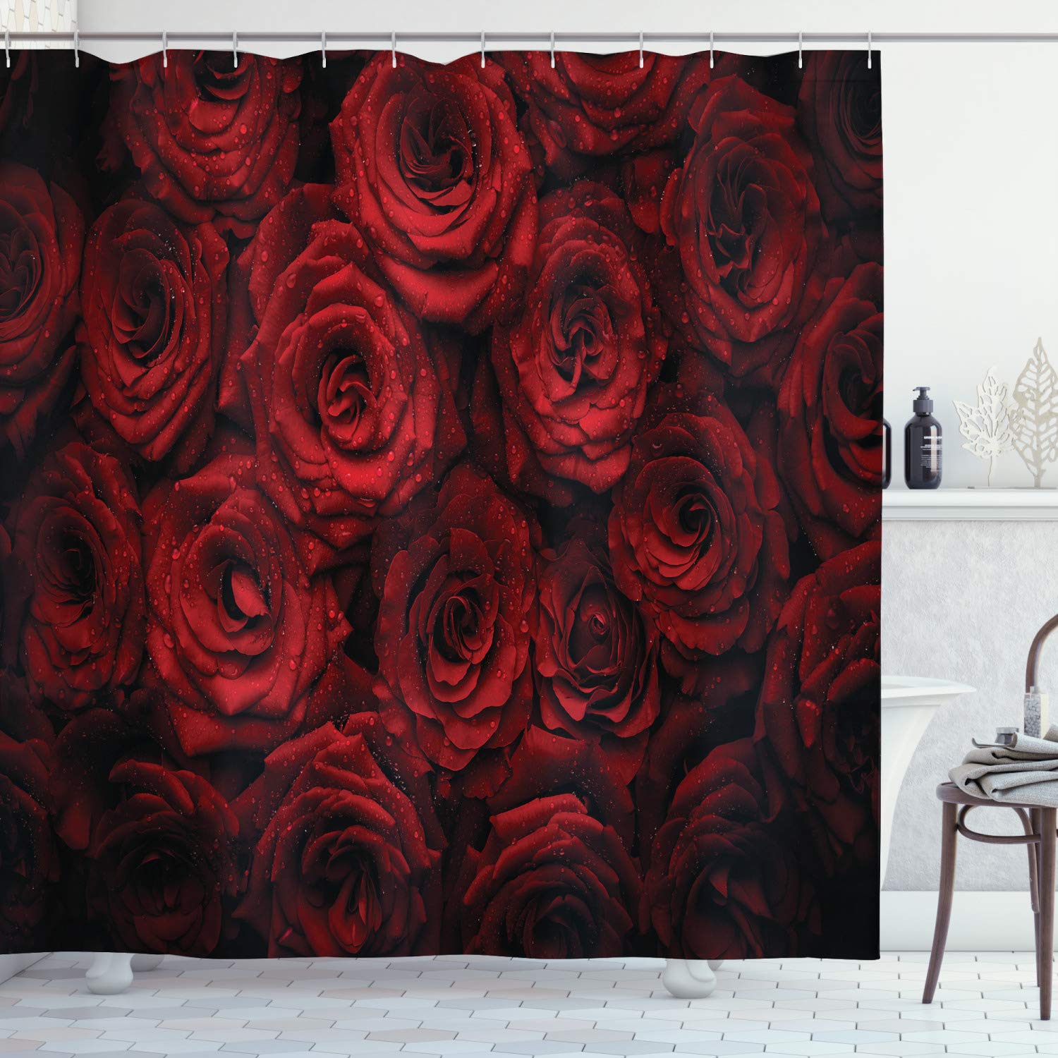 Ambesonne Romantic Roses Shower Curtain - Water Droplets Blooming Bouquet Love Passion Design, 69x70 Inch Black Red Fabric Bathroom Decor with Hooks | Perfect for Valentine's Day Gift, Couples Bathroom, and Luxury Home Spa Decor