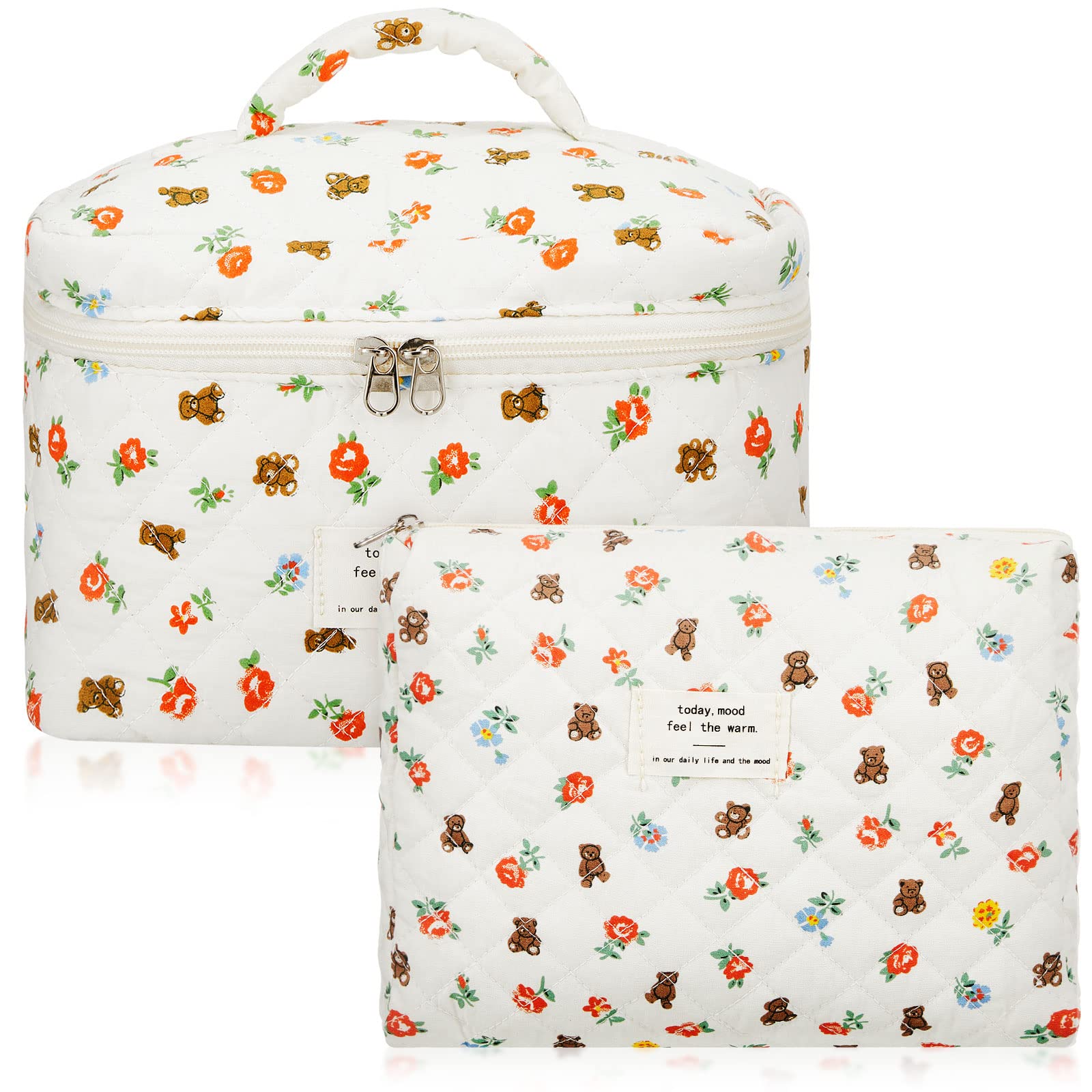 Zeyune 2 Pack Large Cotton Quilted Makeup Bags for Women - Aesthetic Floral Cosmetic Travel Organizer with Bear Design - Perfect for Skincare, Toiletries & Travel Essentials | Cute Coquette Style Gift Idea