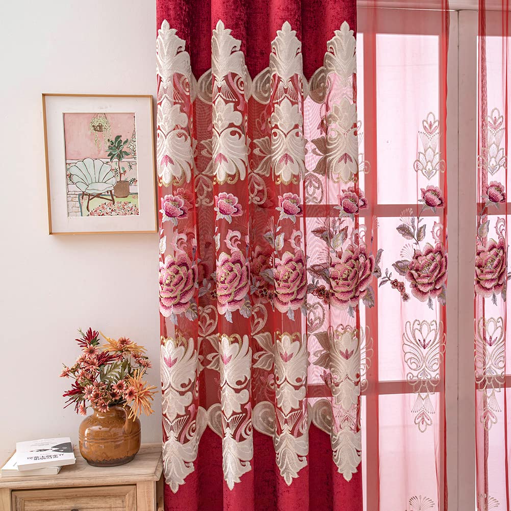 ELKCA Luxury Burgundy Red Chenille Floral Embroidered Curtains - Peony Design Grommet Top Window Drapes 52x84 Inches, 2 Panels for Bedroom, Living Room & Home Decor
