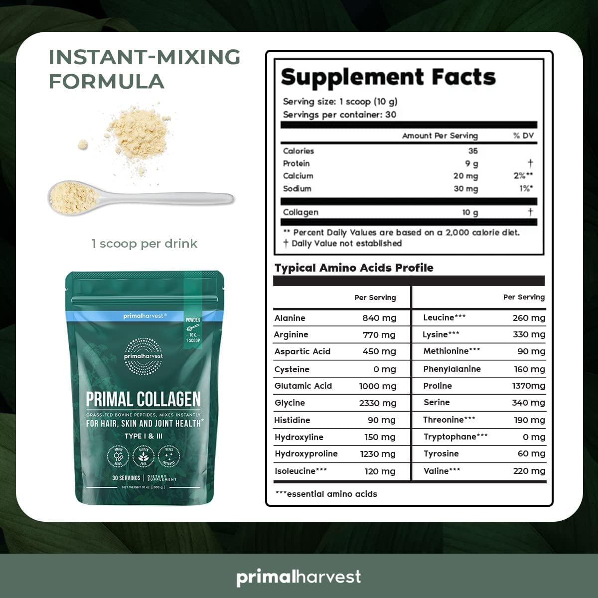 Primal Harvest Super Greens & Collagen Powder Supplement - Organic Superfood Blend with Collagen Peptides for Hair, Skin & Nail Health - Women & Men's Wellness Boost - Perfect for Smoothies, Shakes & Daily Nutrition Support