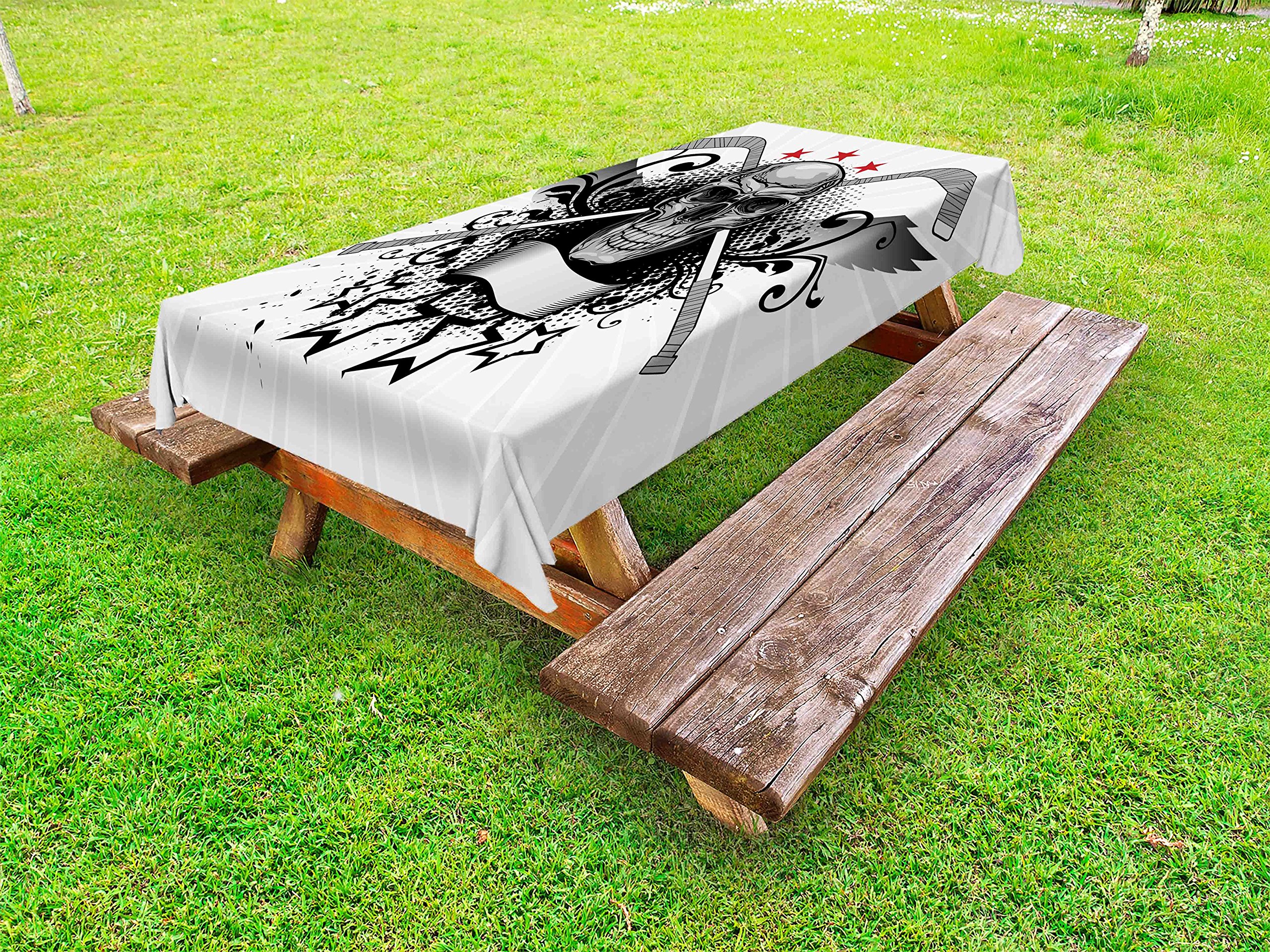 Ambesonne Hockey Themed Tablecloth - Skull with Hockey Sticks, Swirls & Stars Design - Scary Mascot Print - Washable Outdoor Picnic Table Cover 58x84 Inches - Black White Pale Grey - Perfect for Halloween Parties, Sports Events & Tailgating Gatherings