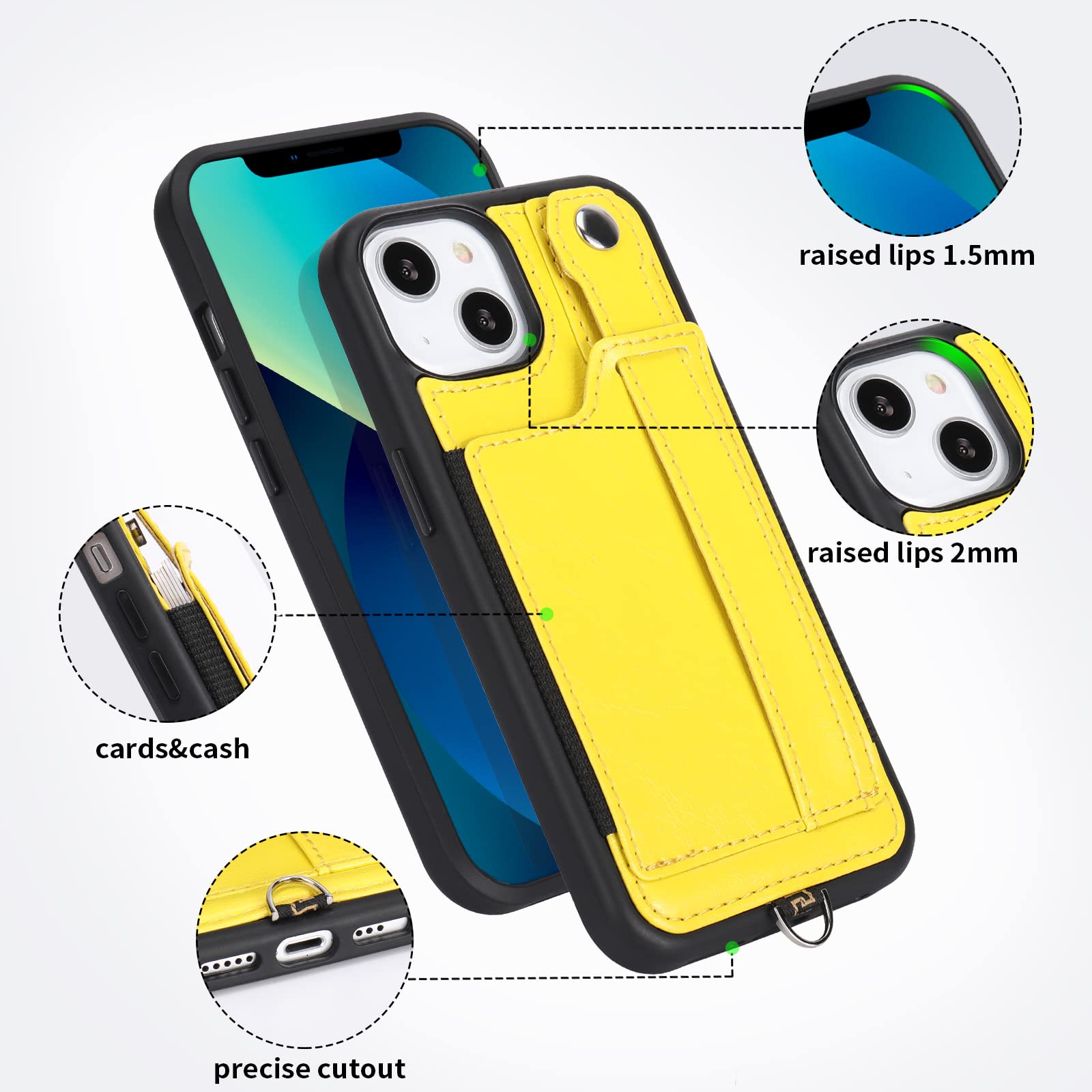 TOOVREN iPhone 13 Wallet Case with Card Holder & Stand - PU Leather Protective Phone Cover with Lanyard for Women & Men (6.1 Inch, Yellow) - Perfect for Travel, Shopping & Everyday Use