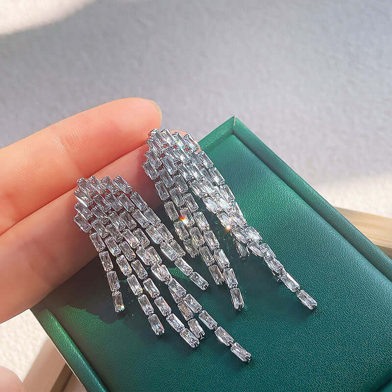 Sparkly Baguette CZ Tassel Waterfall Earrings for Women - Elegant Crystal Drop Dangle Earrings for Party, Wedding & Evening Wear | A7616
