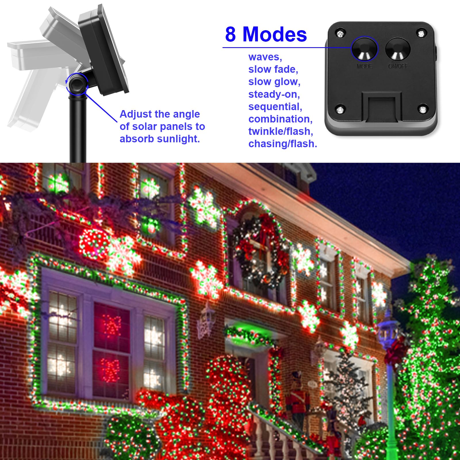 Solar Christmas Lights Outdoor Waterproof - 2 Pack 200 LED 66FT Red White Green Fairy String Lights IP67 with 8 Modes - Perfect for Tree, Garden, Patio, Fence, Balcony & Holiday Decorations