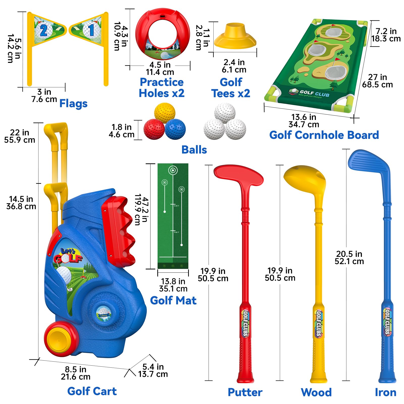 **Liberry Toddler Golf Set for Kids Ages 2-5 - Upgraded Golf Cart with Cornhole Board & Putting Mat - Indoor & Outdoor Golf Toys for Boys & Girls - Perfect Birthday Gift for Backyard & Playroom Fun**