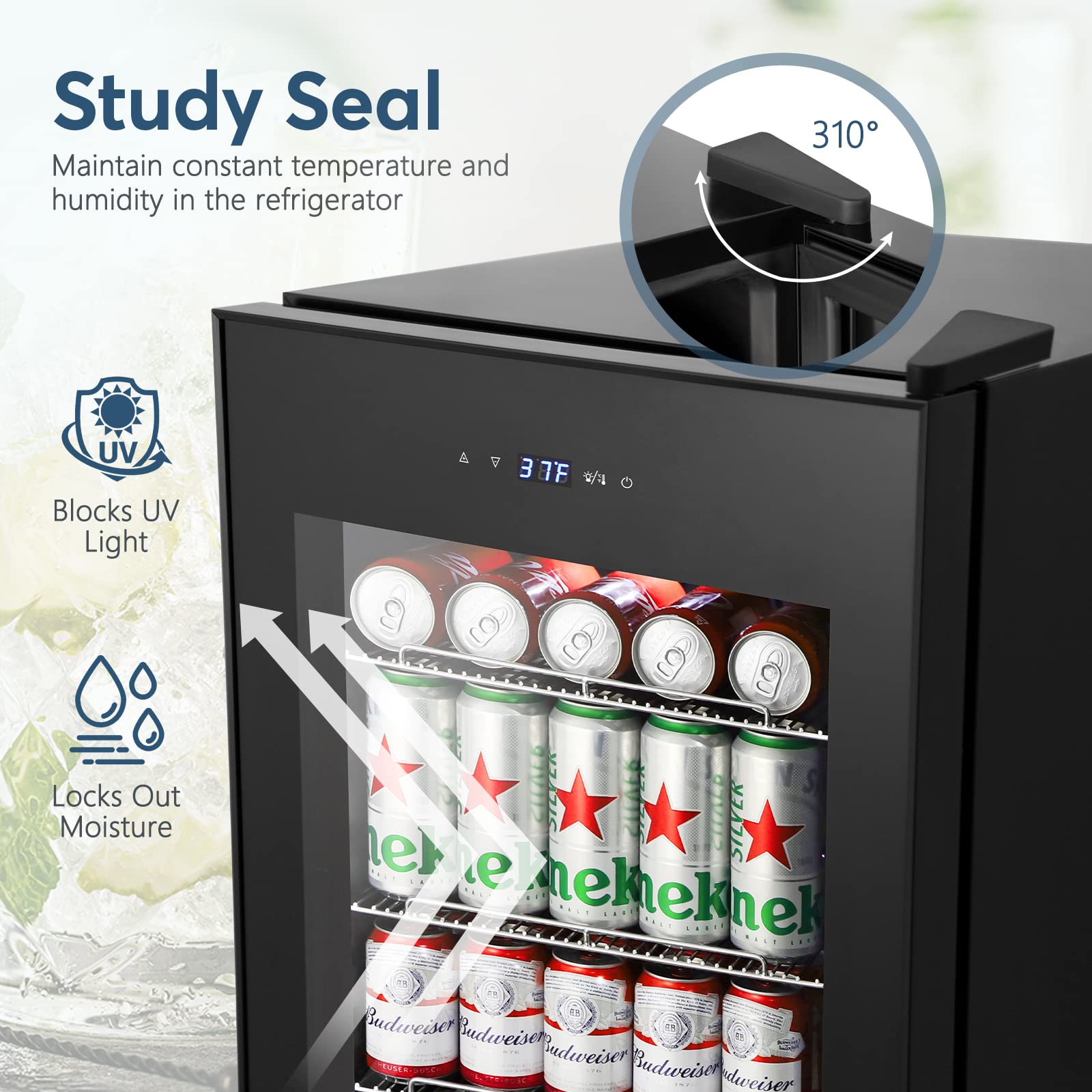 Tylza Mini Beverage Refrigerator - 101 Can Capacity Freestanding Drink Cooler with Glass Door for Soda, Beer, Wine & Water - Compact Mini Fridge with White LED Light for Home, Office, Bar or Dorm Room - Energy Efficient & Quiet Operation