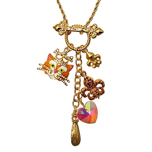 Princess Cat Multi Charm Toggle Necklace (Tabby/Gold Tone) - Elegant Cat Lover Jewelry for Women, Perfect Gift for Birthdays & Anniversaries