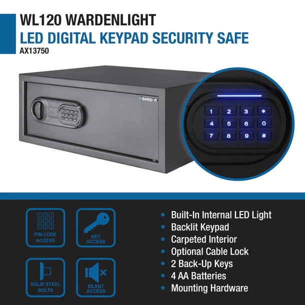 Barska AX13750 WardenLight LED Digital Keypad Safe - Secure Home & Office Safe for Cash, Jewelry, Documents - Ideal for Bedroom, Closet & Business Use