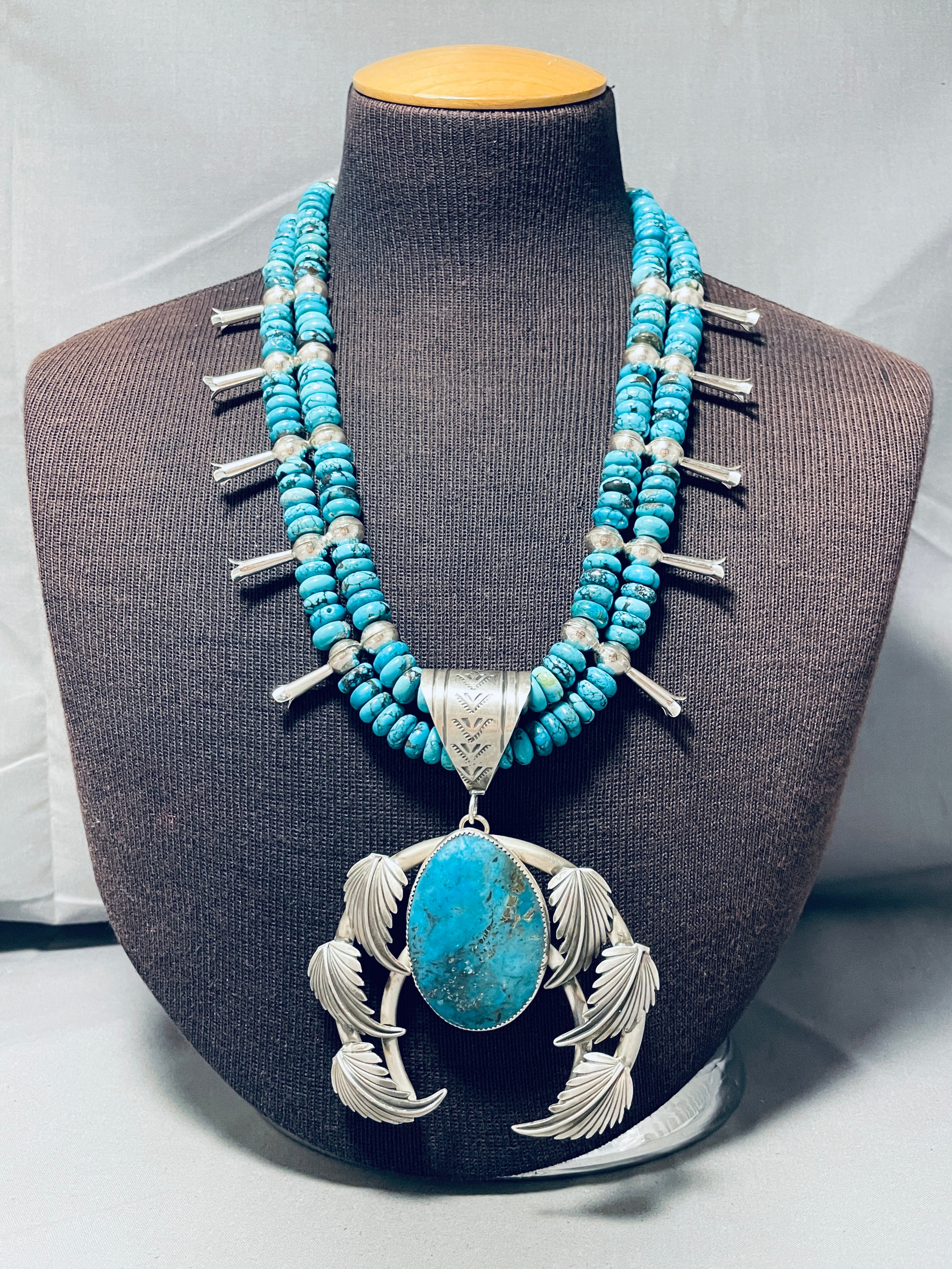 202 Gram Authentic Native American Navajo Turquoise Sterling Silver Squash Blossom Necklace - Handcrafted Jewelry for Women, Boho Fashion & Special Occasions