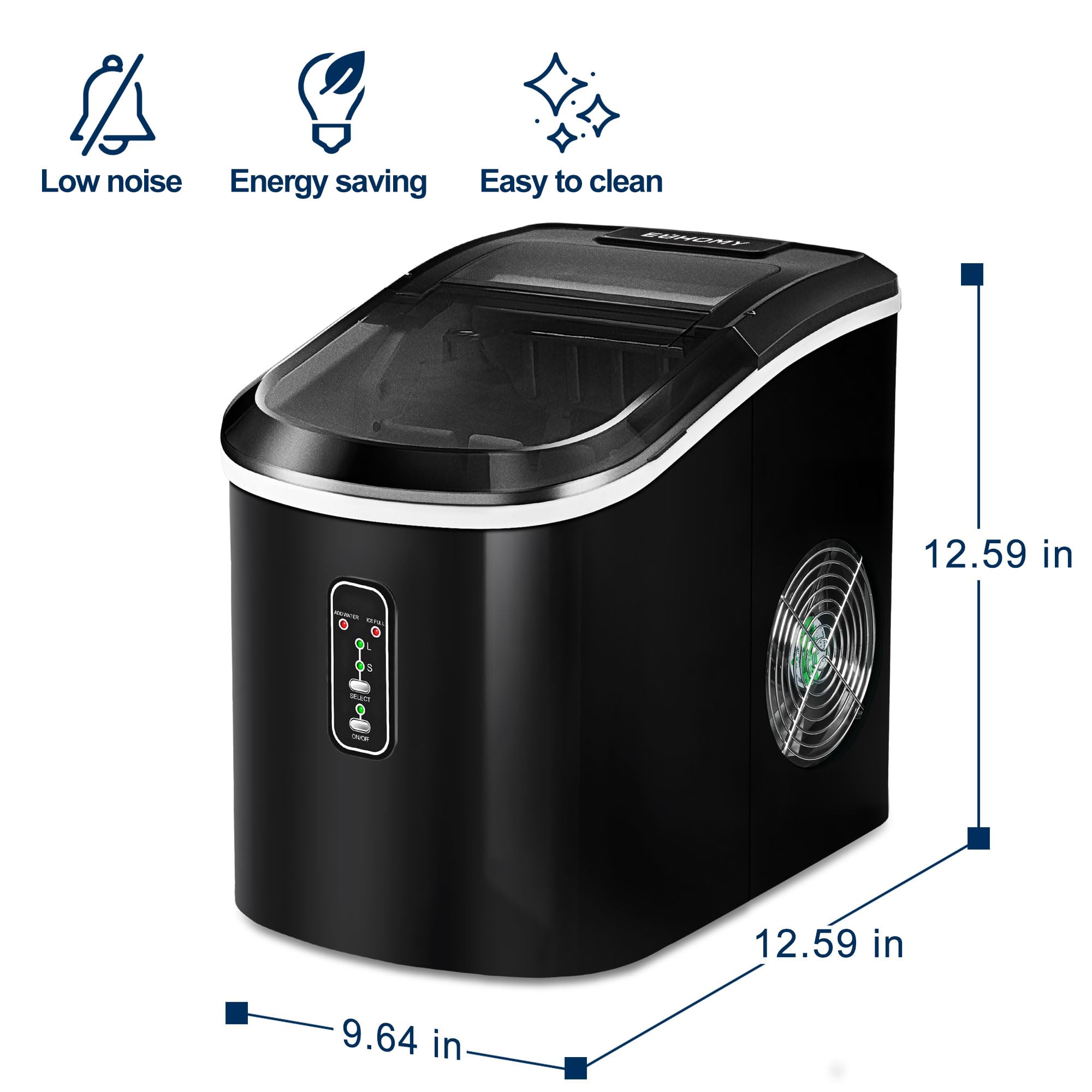 Euhomy Portable Countertop Ice Maker Machine - 26 lbs Daily, 9 Cubes in 6 Minutes - Self-Cleaning Compact Electric Ice Maker with Ice Scoop & Basket - Perfect for Home, Kitchen, Office, RV, Parties & Outdoor Use (Black)