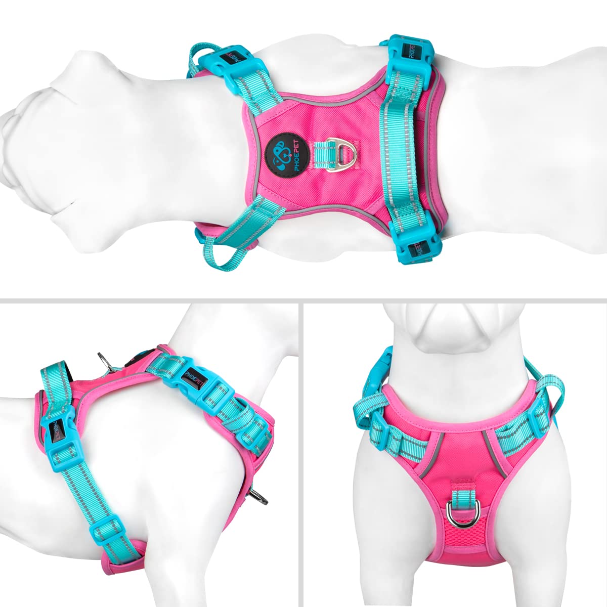 PHOEPET No Pull Dog Harness - Reflective Adjustable Pet Vest with Soft Training Handle & Metal Clips for Small Medium Large Dogs (Pink/Green, XS) | Perfect for Walking, Training & Nighttime Safety