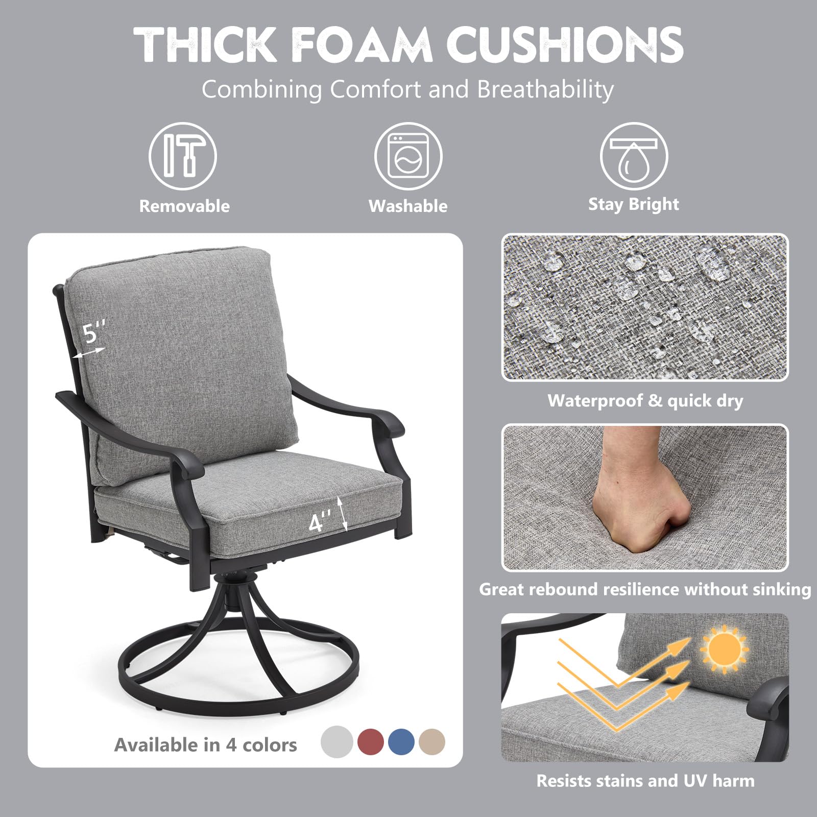 EROMMY 2-Piece Patio Swivel Chair Set - Heavy Duty Outdoor Dining Chairs with Thickened Cushions, Metal Rocking Chairs for Garden, Lawn, Porch & Backyard - Grey - Perfect for Outdoor Relaxation & Entertaining