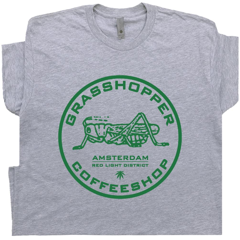 Funny 420 Weed Graphic T-Shirt | Cool Stoner Cafe Design with Grasshopper & Pot Leaf Logo | Unisex Men & Women's Amsterdam Tee for Casual Wear, Festivals & 420 Celebrations