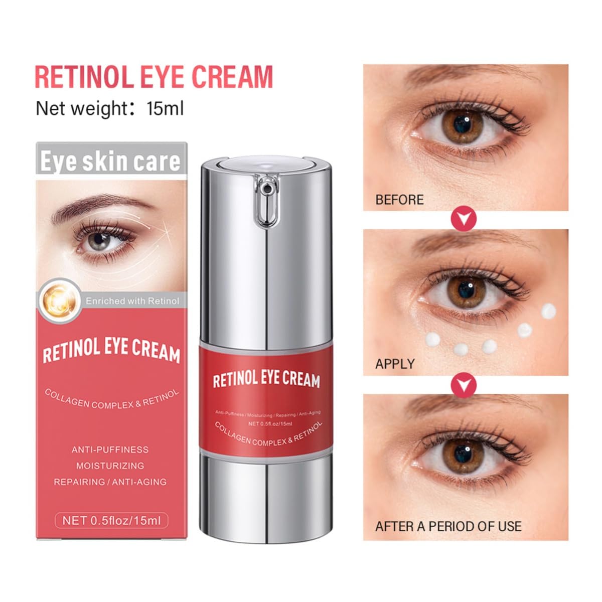 **Retinol Eye Cream for Dark Circles & Puffiness – Anti-Aging Under Eye Treatment with Hyaluronic Acid & Collagen – Reduces Wrinkles & Fine Lines, Smooths & Moisturizes Skin – 15ml – Perfect for Nighttime Skincare Routine & Travel**